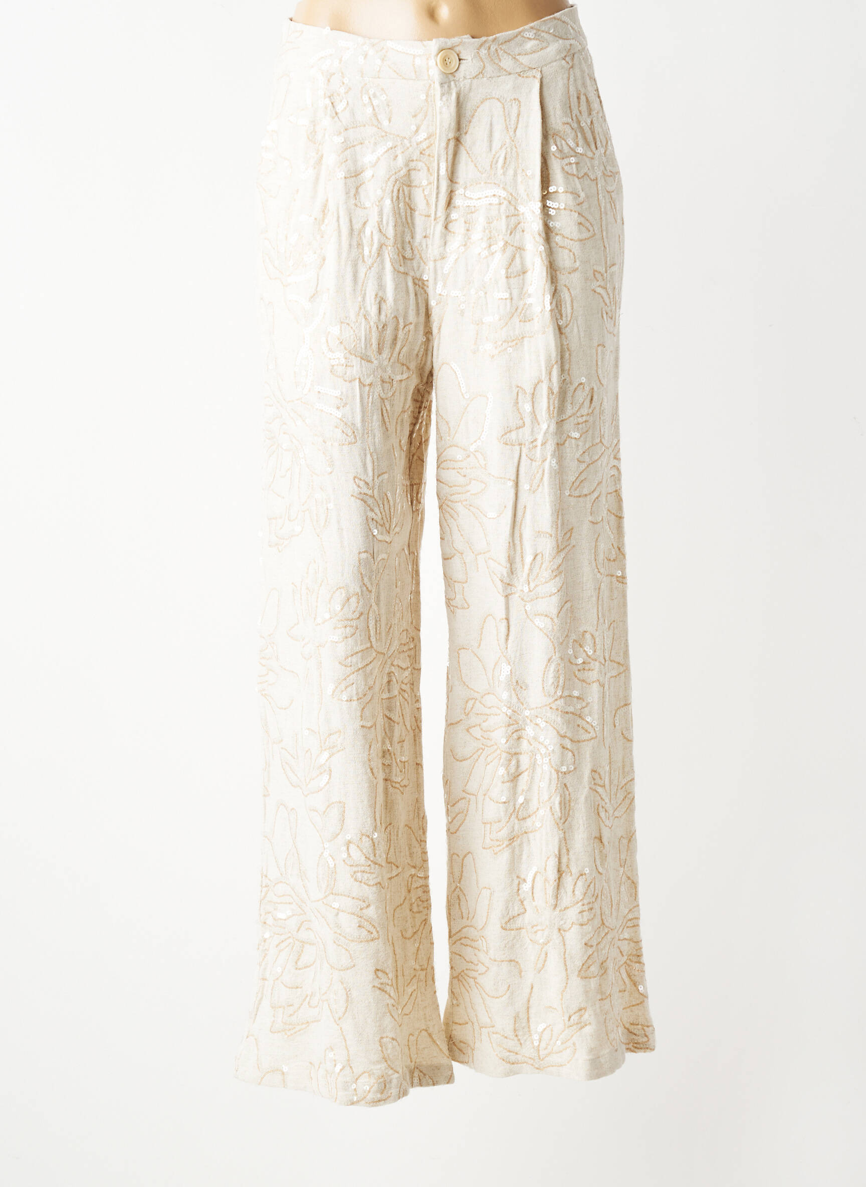 Pantalon large tissage crêpe taille haute beige CIVICO 1 femme