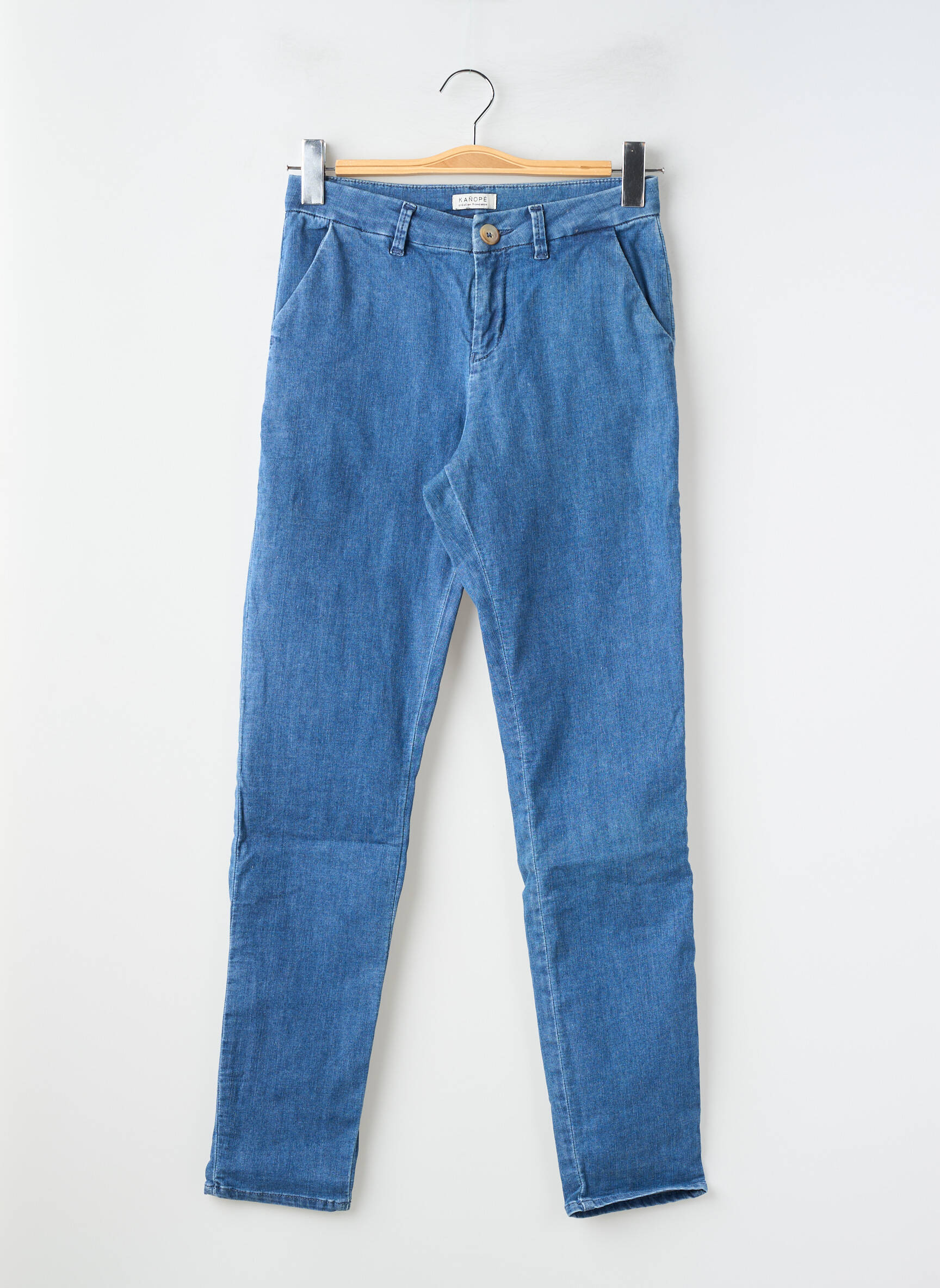 Pantalon chino fermeture zippée sous rabat boutonné bleu KANOPE femme