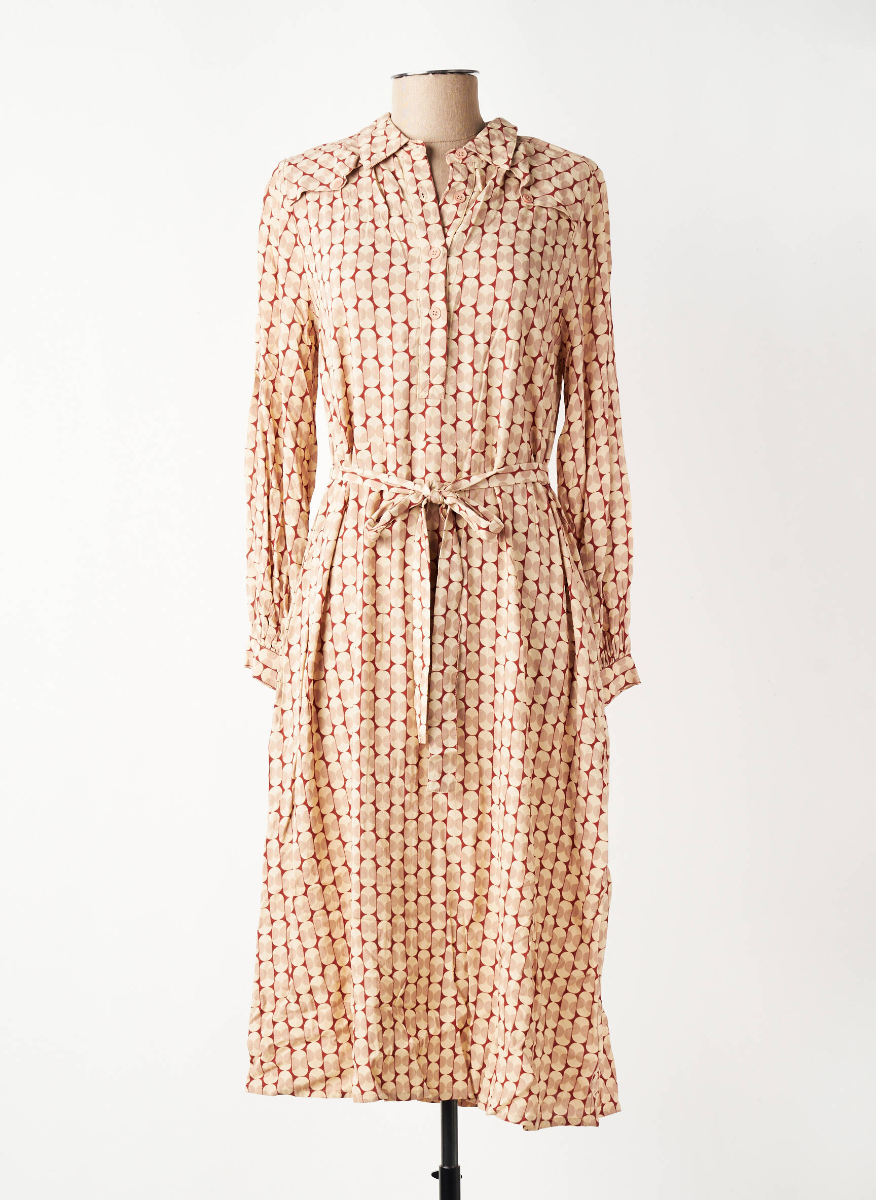 Robe mi-longue coupe fluide manches longues beige INDI & COLD femme