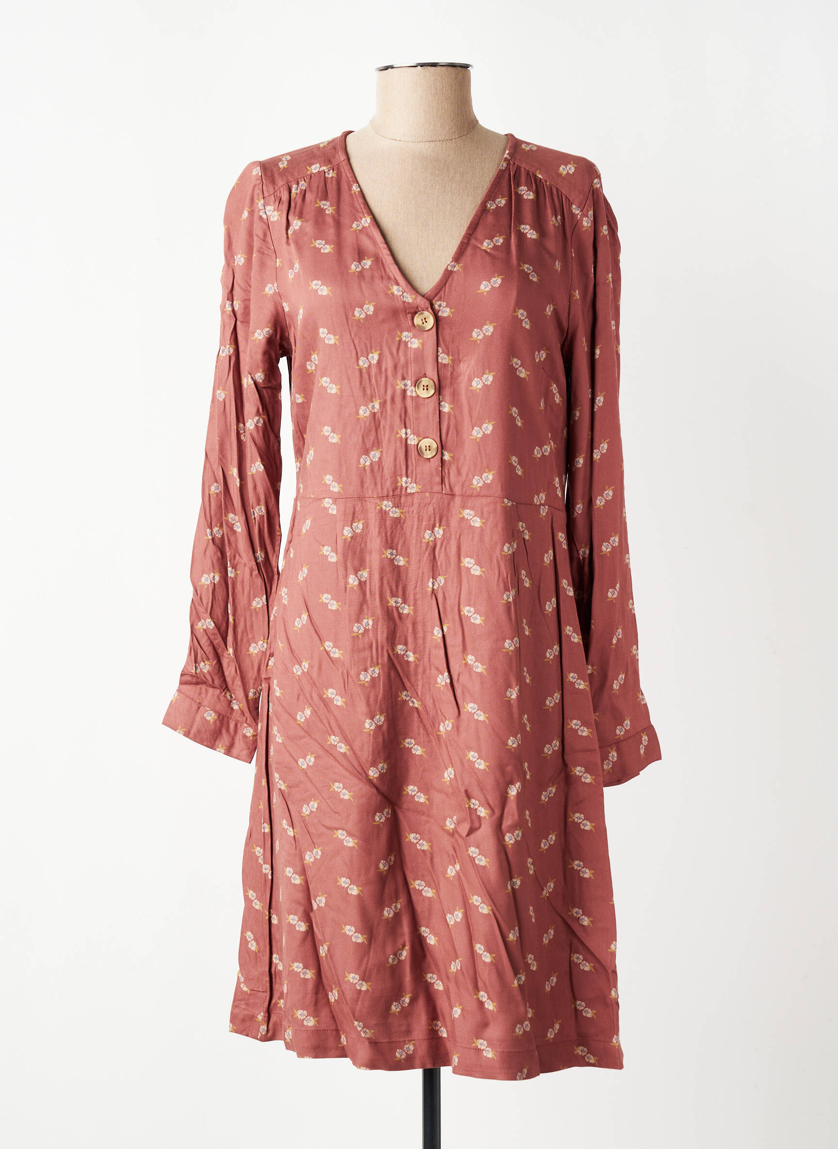 Robe mi-longue imprimé fleurs manches longues rose INDI & COLD femme