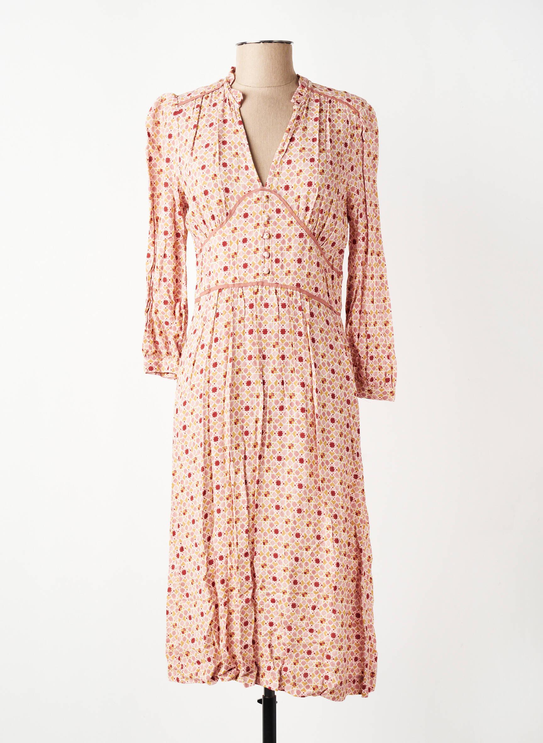 Robe mi-longue imprimé fantaisie manches longues rose INDI & COLD femme