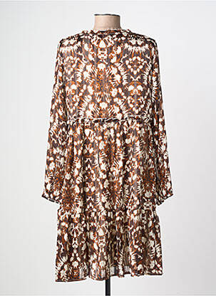 Robe mi-longue tissage crêpe manches longues marron LILIE ROSE femme