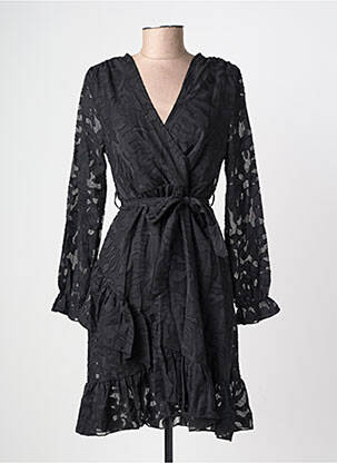 Robe mi-longue tissage crêpe manches longues noir LILIE ROSE femme