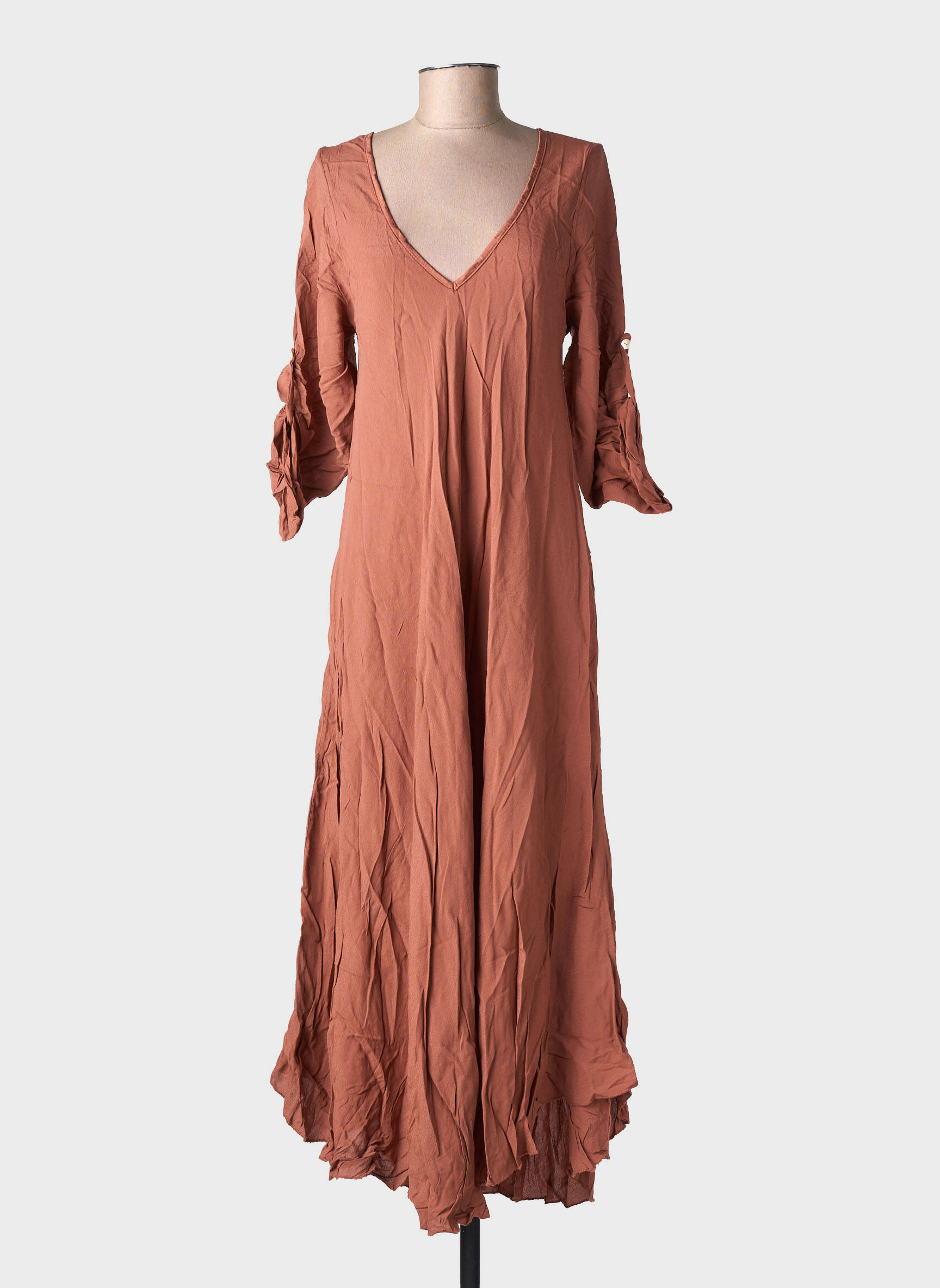 Robe longue coupe évasée manches 3/4 marron BY COCO femme