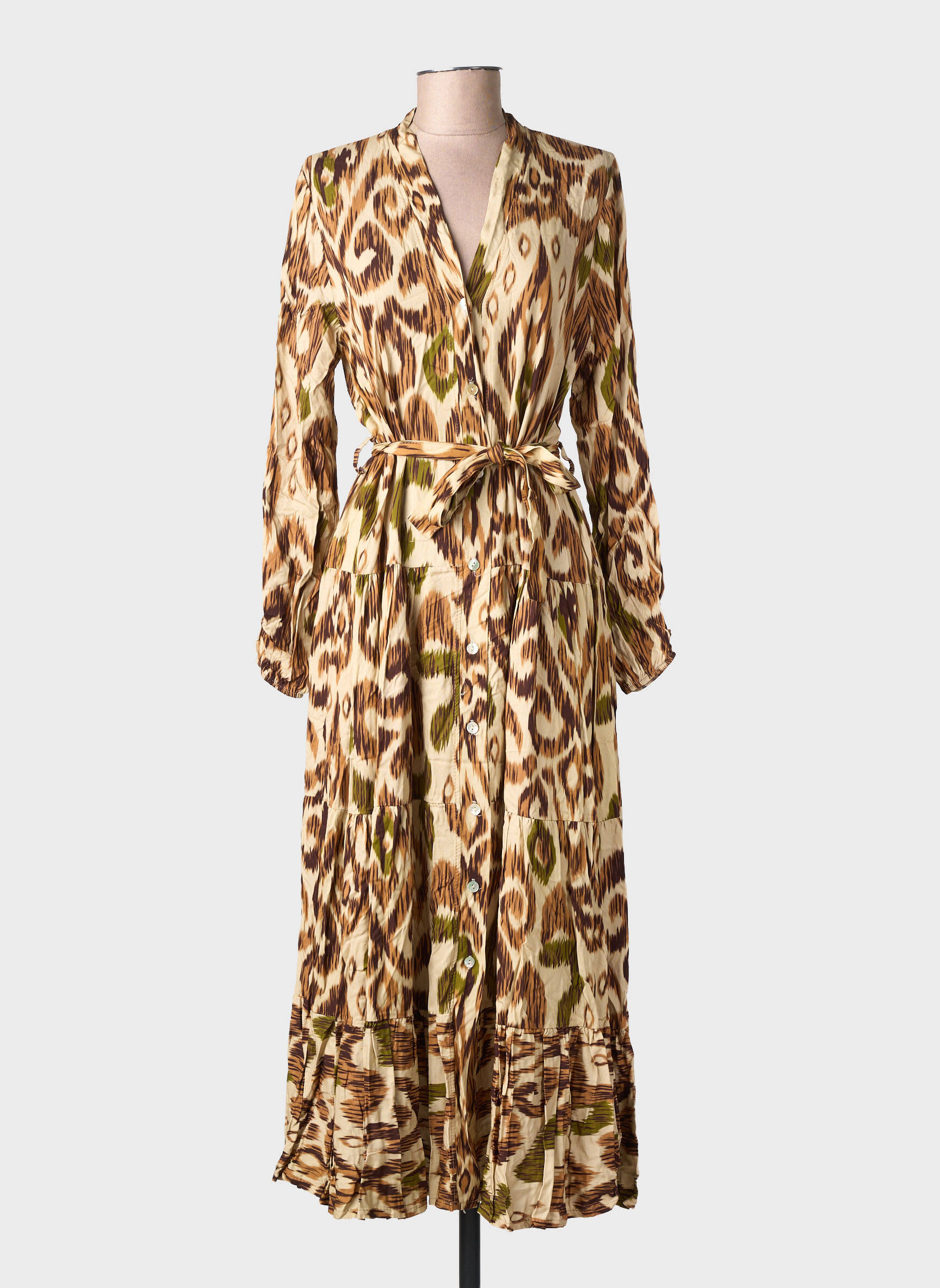 Robe longue imprimé fantaisie manches longues beige CECILE WANG femme