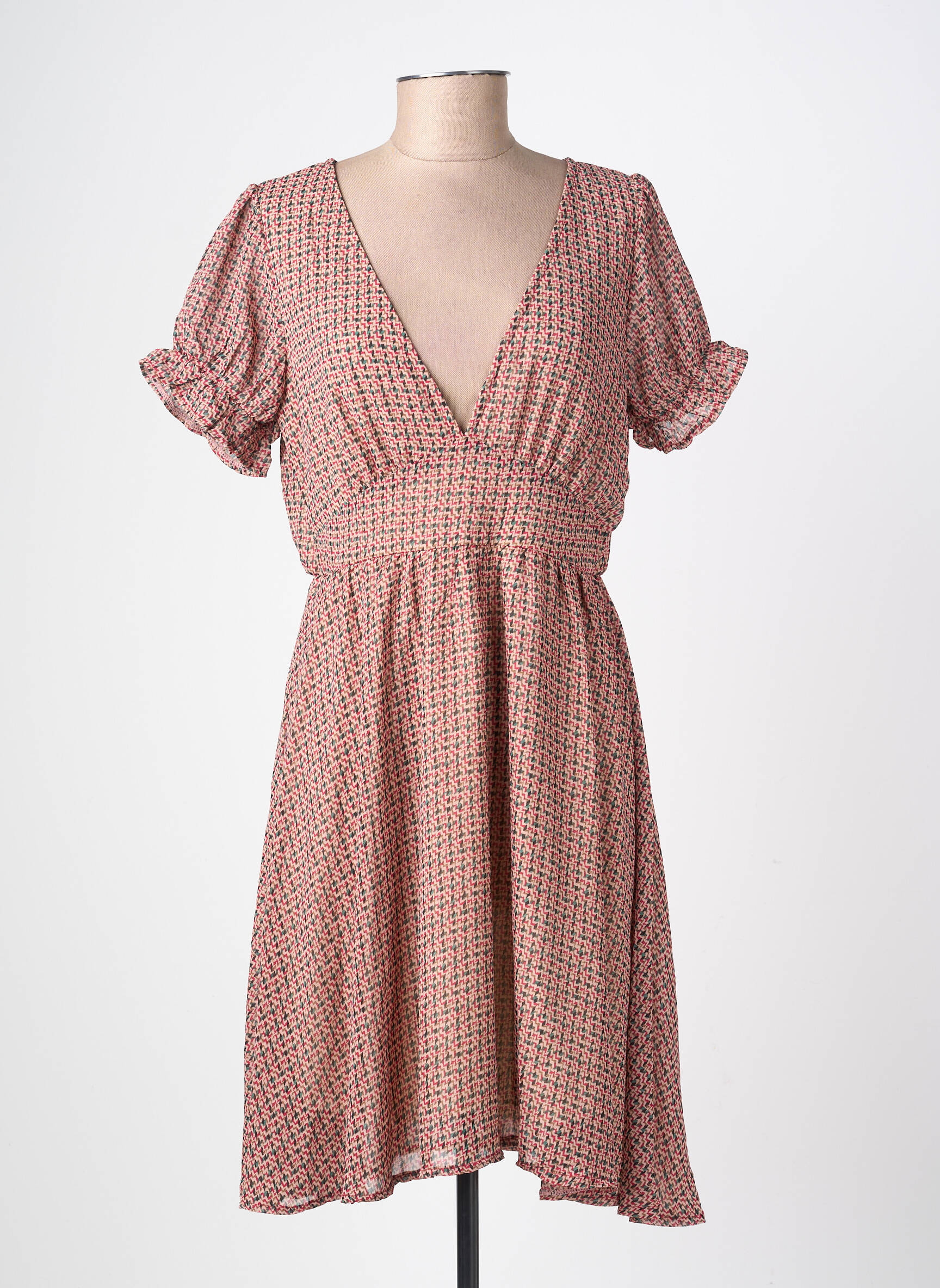 Robe mi-longue imprimé fantaisie manches courtes beige LILIE ROSE femme