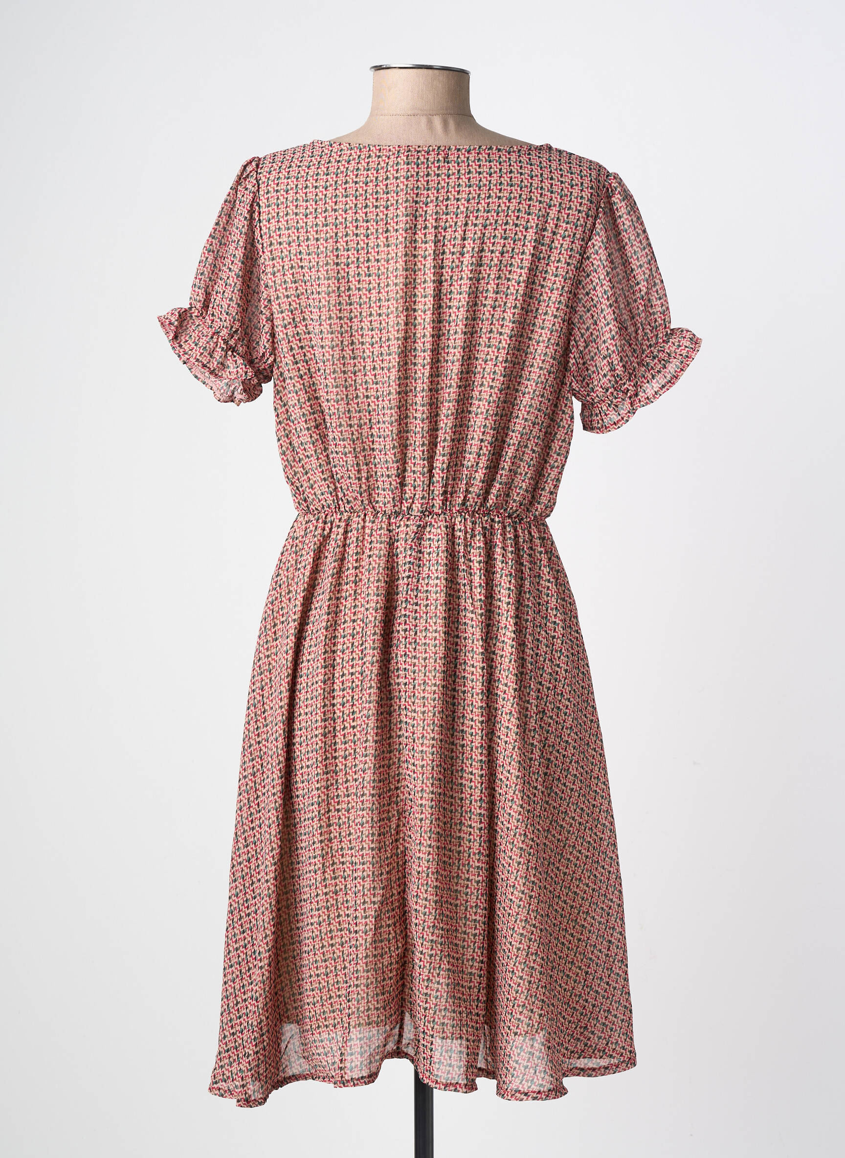 Robe mi-longue imprimé fantaisie manches courtes beige LILIE ROSE femme