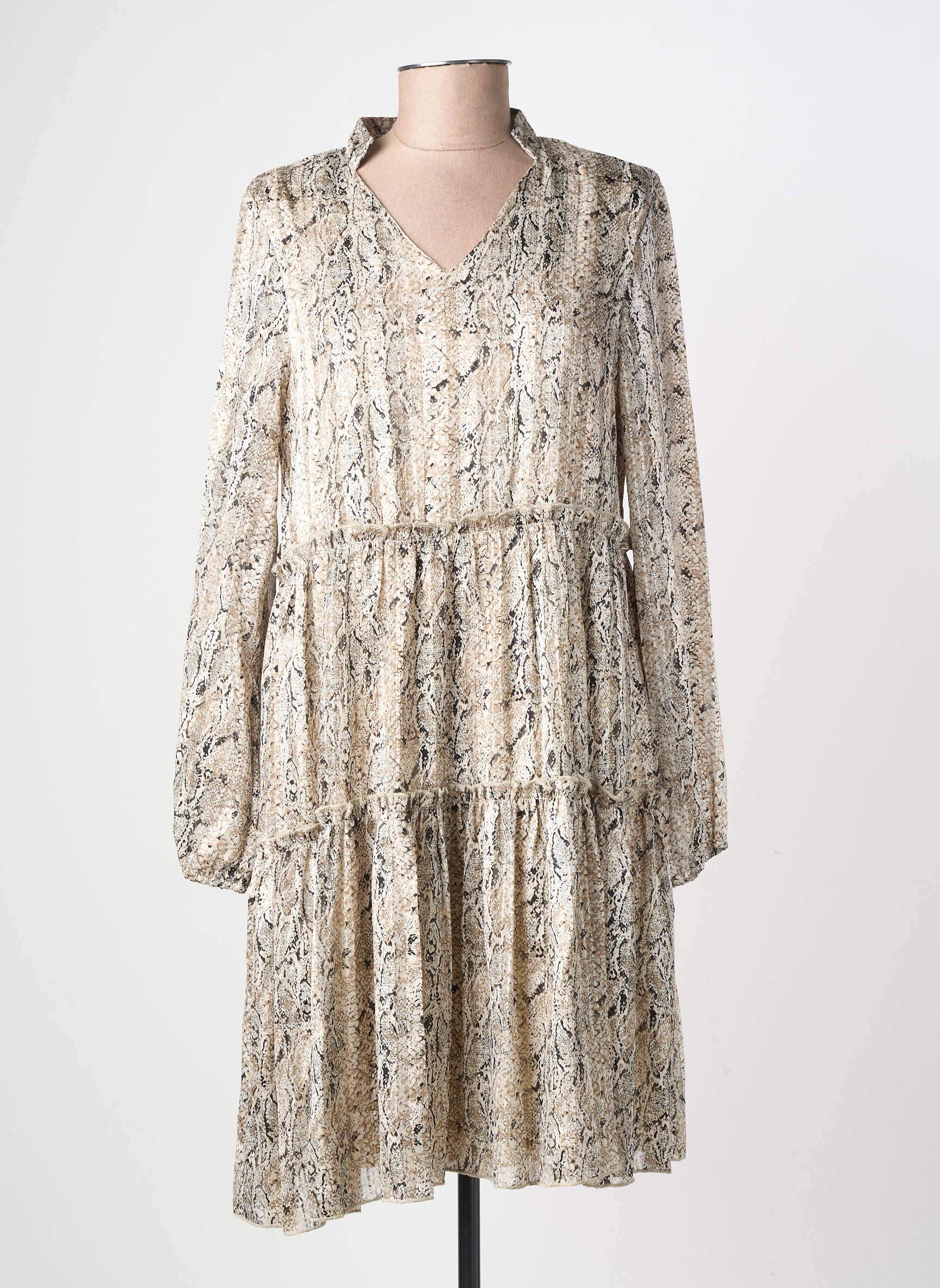 Robe courte coupe évasée manches longues beige LILIE ROSE femme