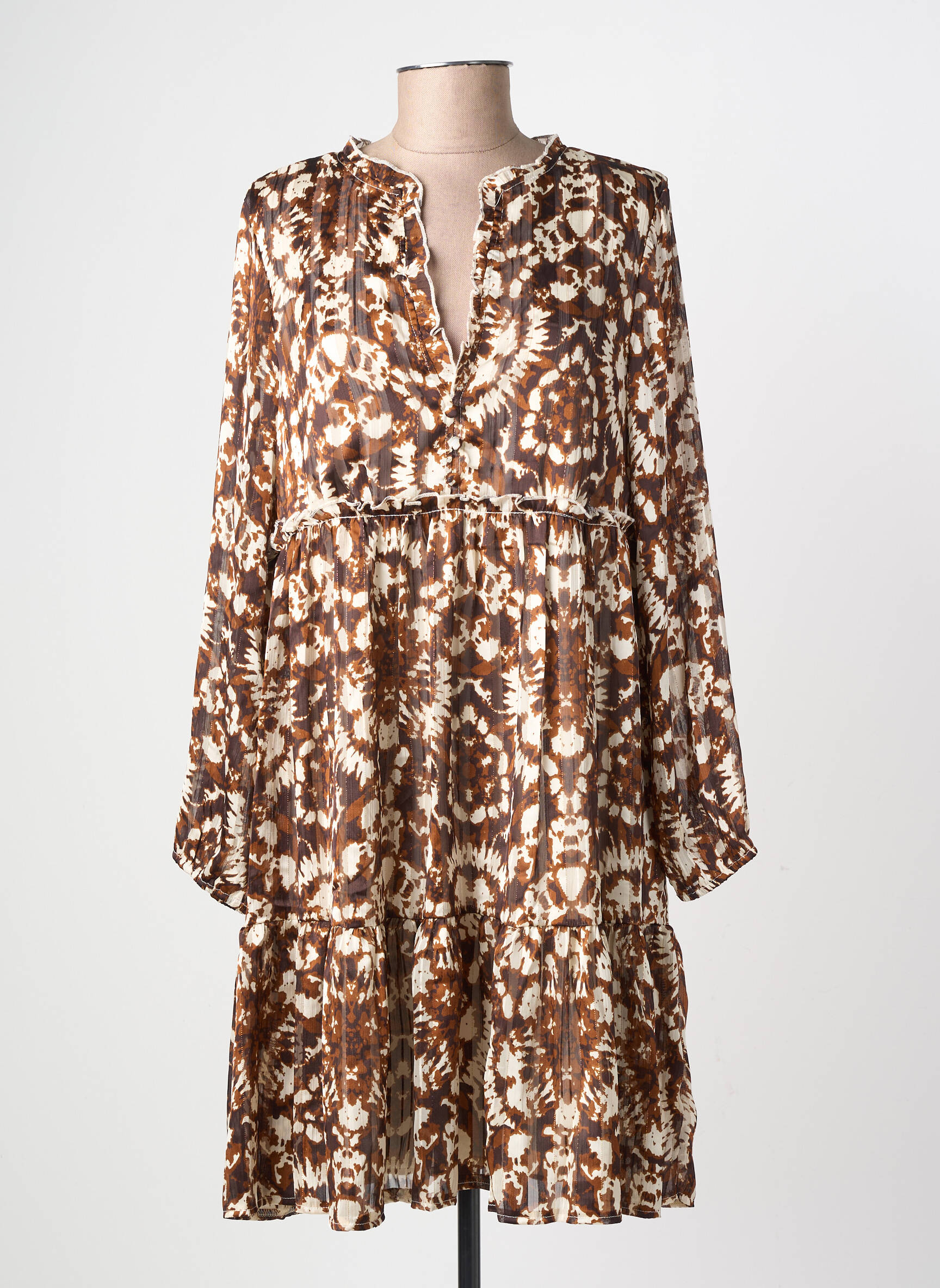 Robe mi-longue tissage crêpe manches longues marron LILIE ROSE femme