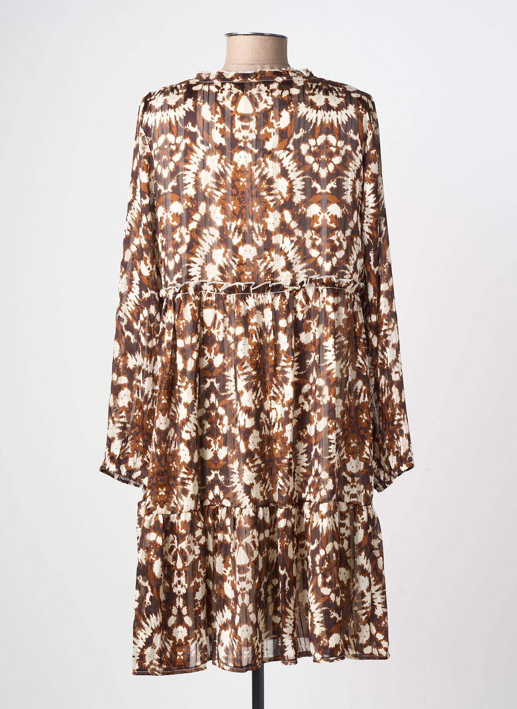 Robe mi-longue tissage crêpe manches longues marron LILIE ROSE femme
