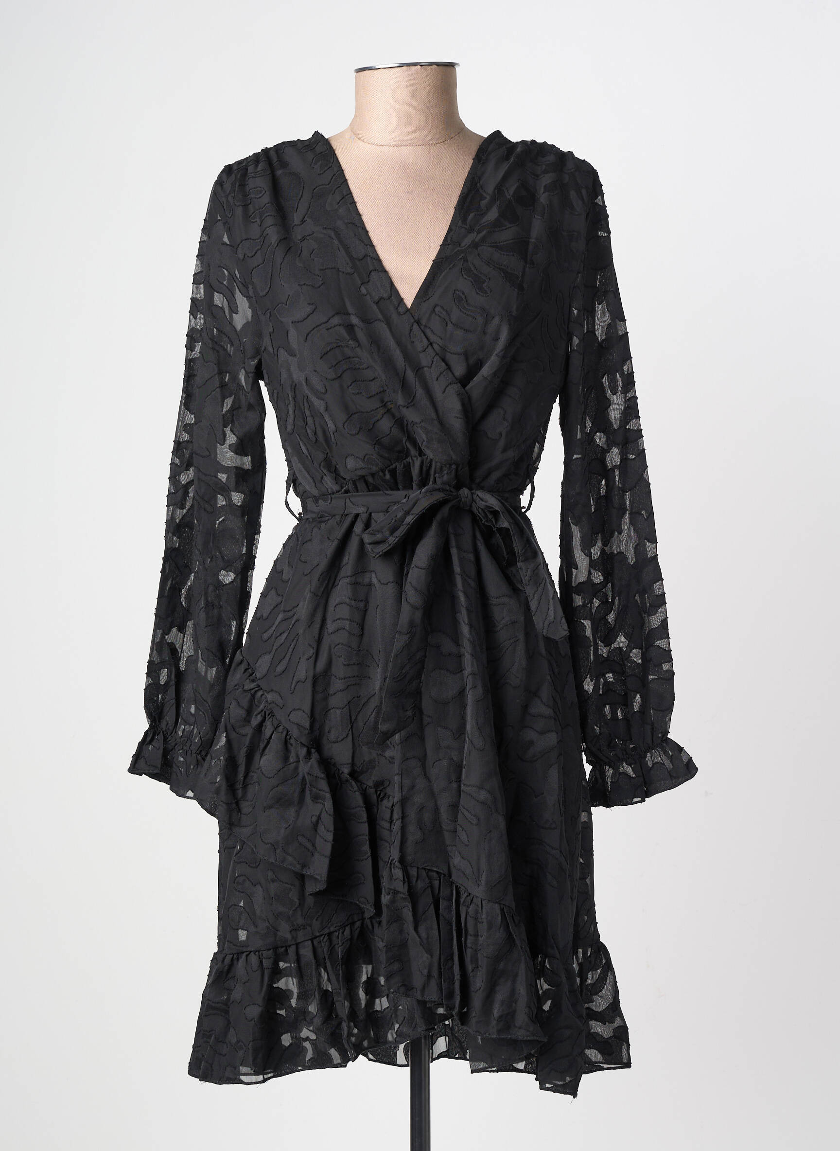 Robe mi-longue tissage crêpe manches longues noir LILIE ROSE femme