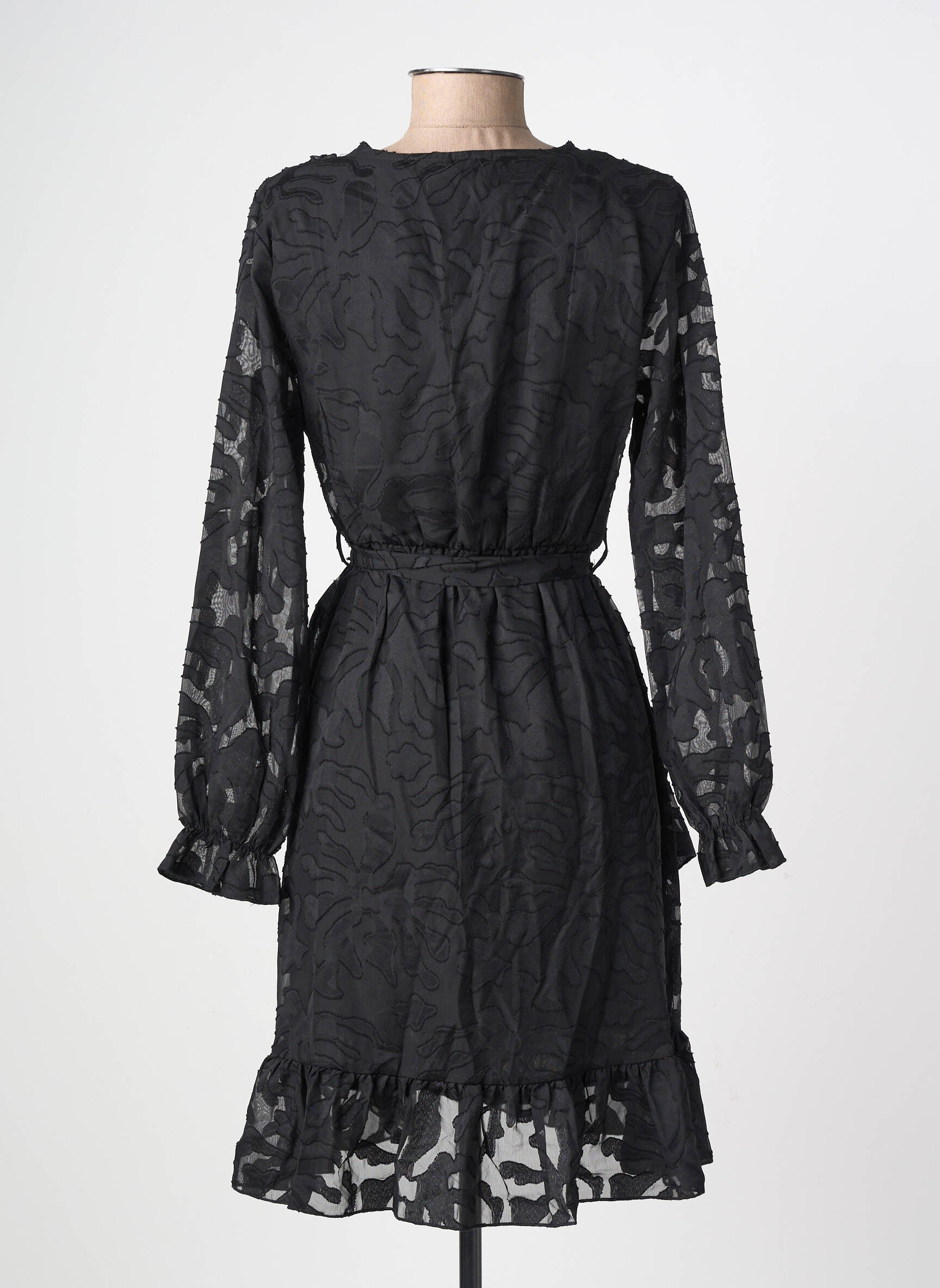 Robe mi-longue tissage crêpe manches longues noir LILIE ROSE femme