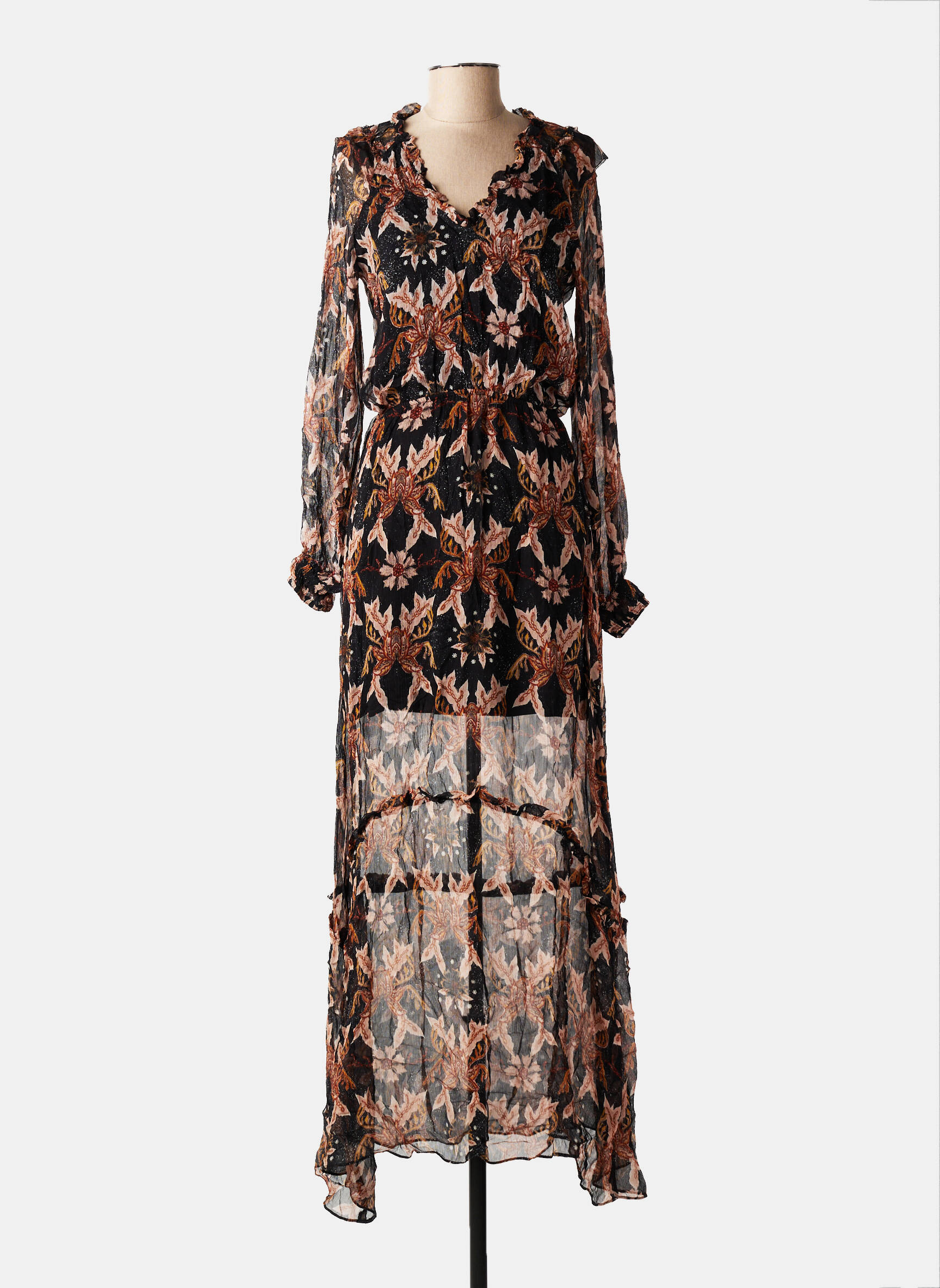Robe longue imprimé fantaisie manches longues noir BERENICE femme