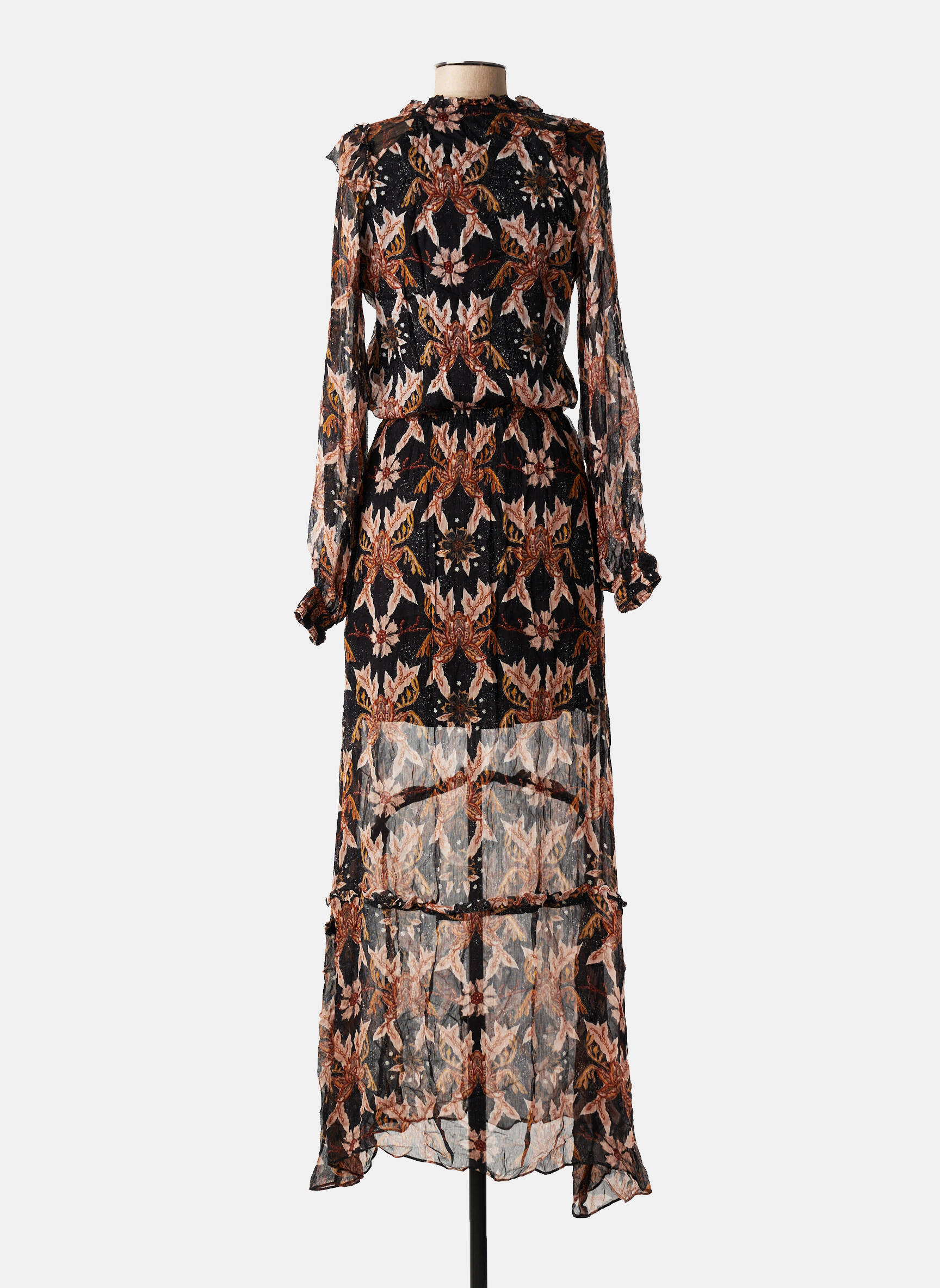 Robe longue imprimé fantaisie manches longues noir BERENICE femme