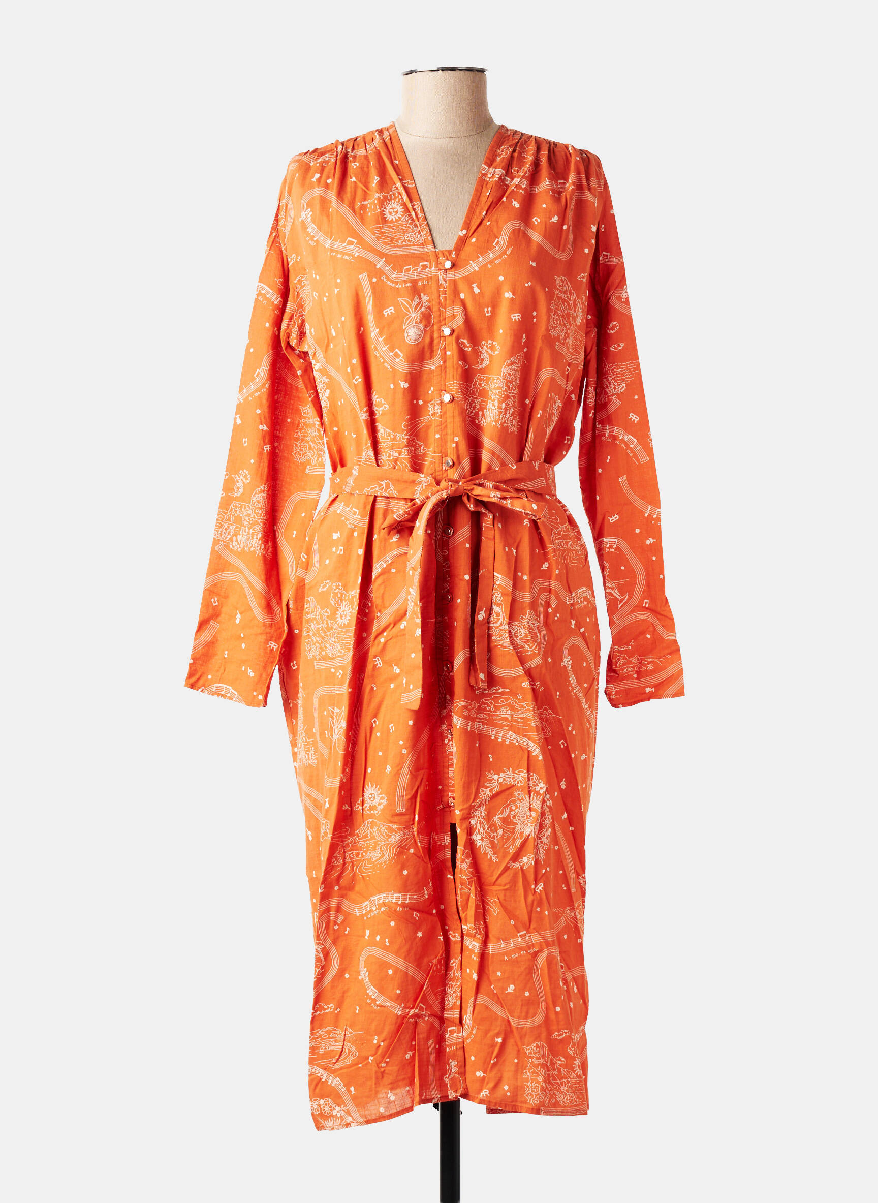 Robe mi-longue imprimé fantaisie manches longues orange ROSEANNA femme