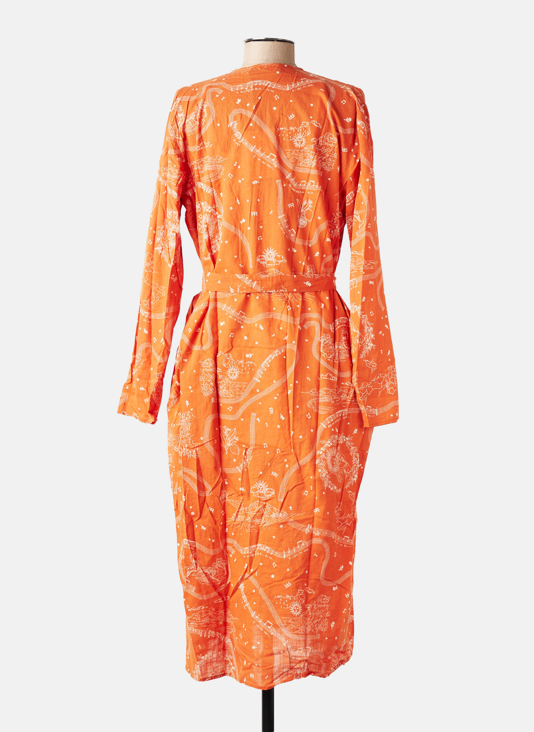 Robe mi-longue imprimé fantaisie manches longues orange ROSEANNA femme