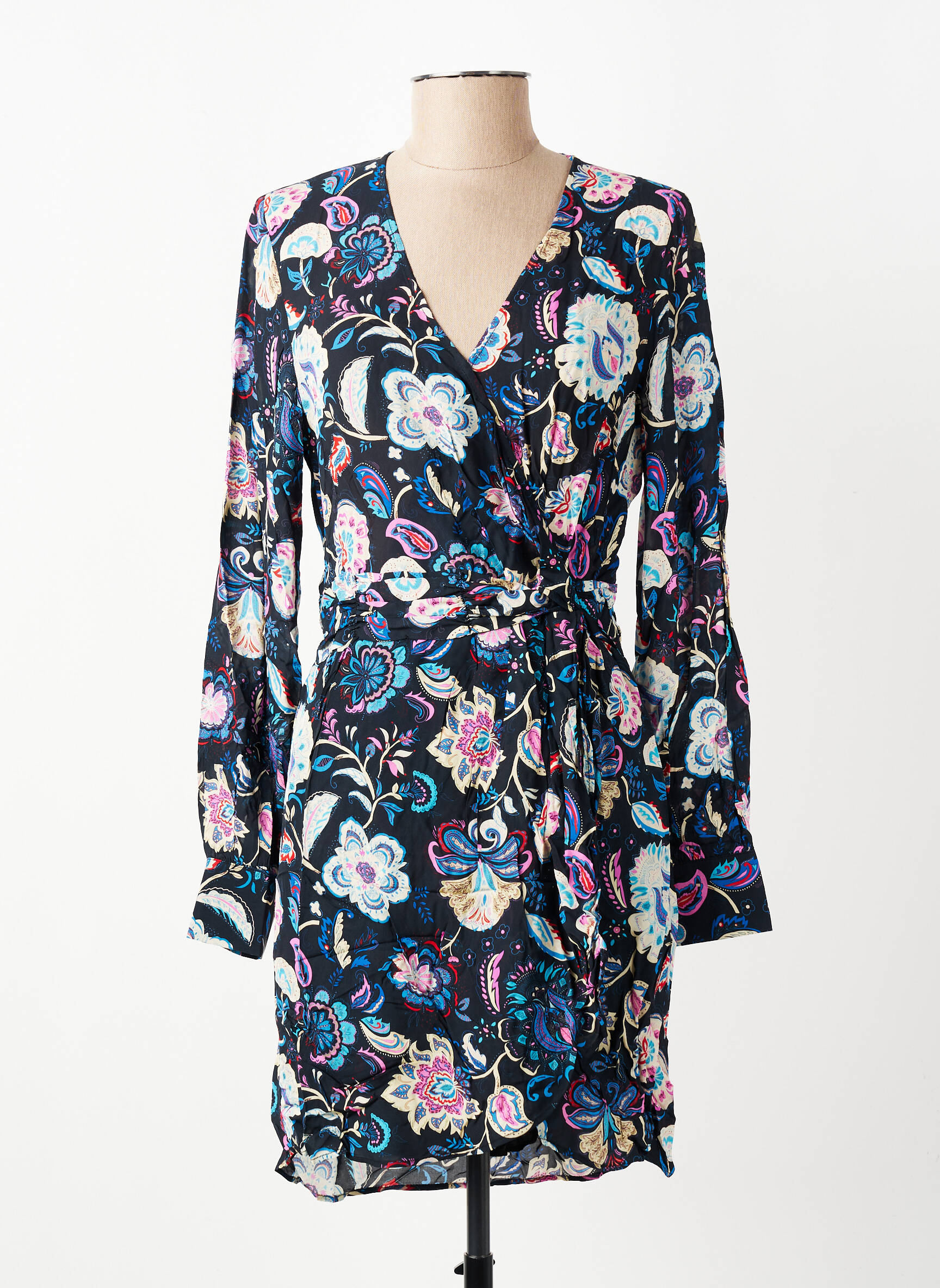 Robe mi-longue imprimé fantaisie manches longues bleu BERENICE femme
