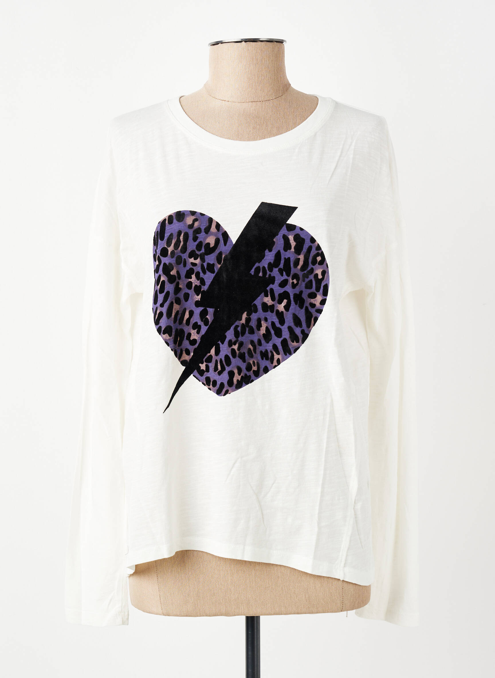 T-shirt sérigraphie floquée manches longues blanc FIVE femme