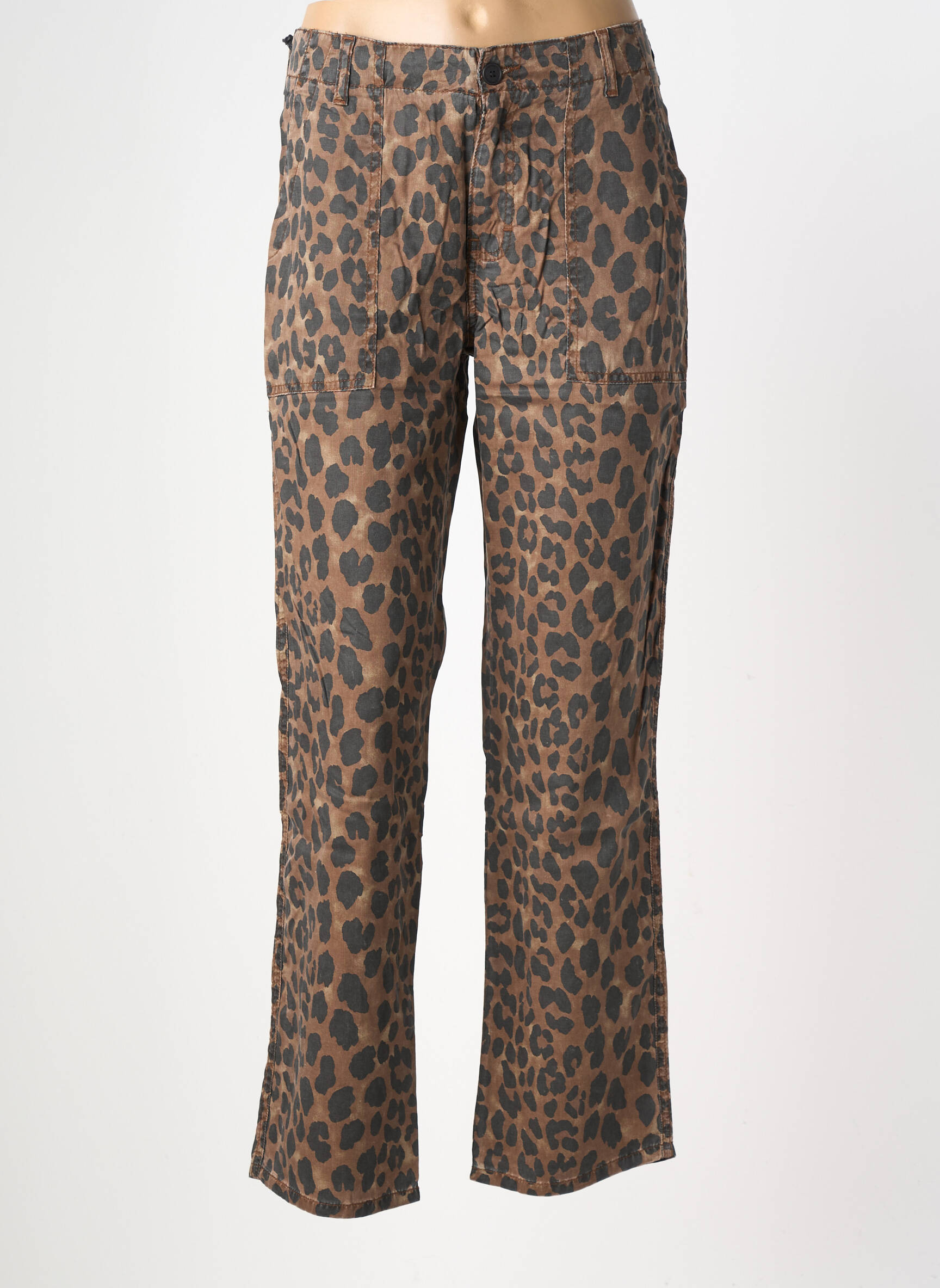 Pantalon droit fermeture zippée sous rabat boutonné taille normale marron FIVE femme