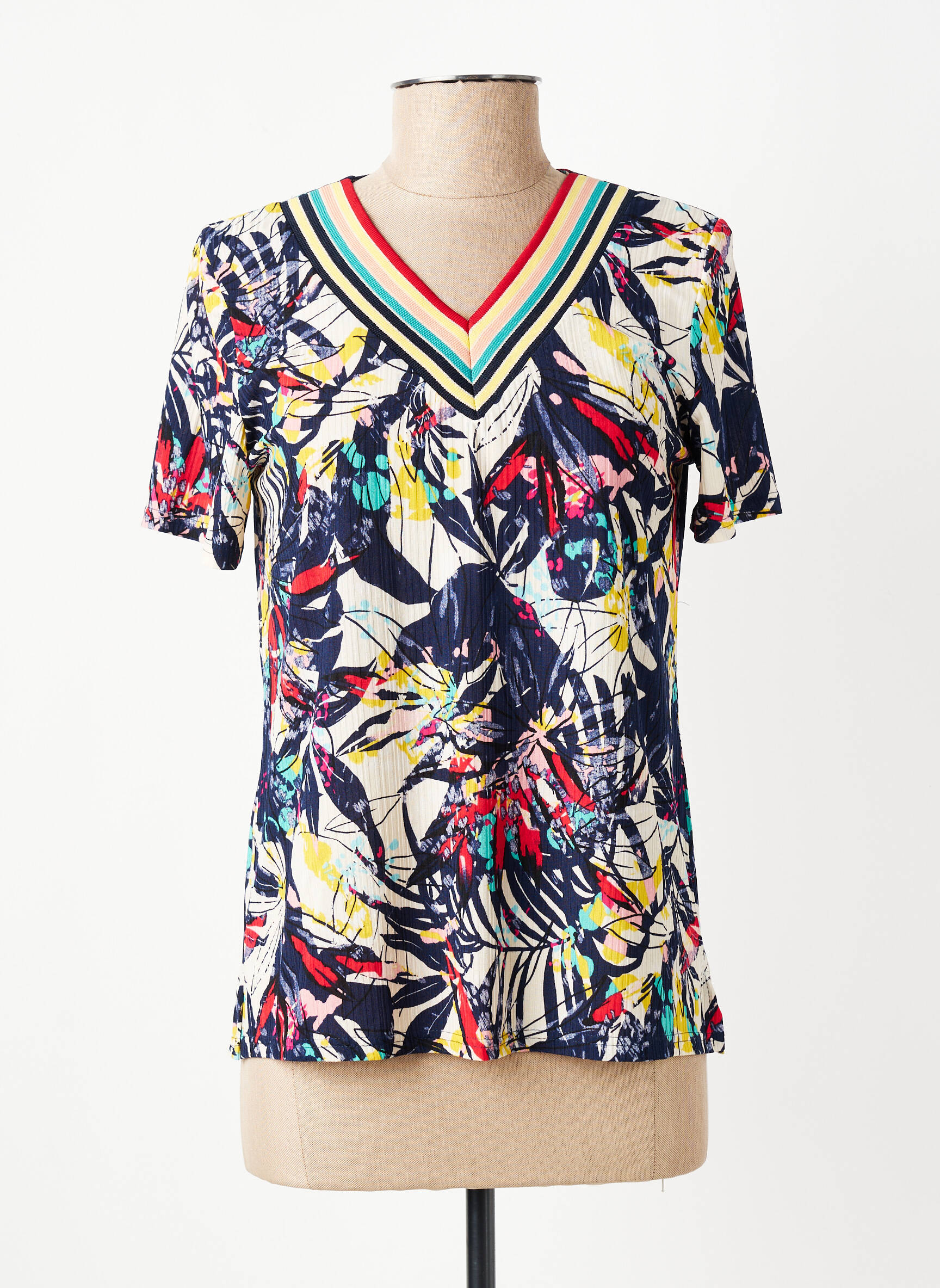 T-shirt col v manches courtes bleu GEVANA femme