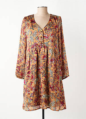 Robe mi-longue imprimé fleurs manches longues jaune GEVANA femme