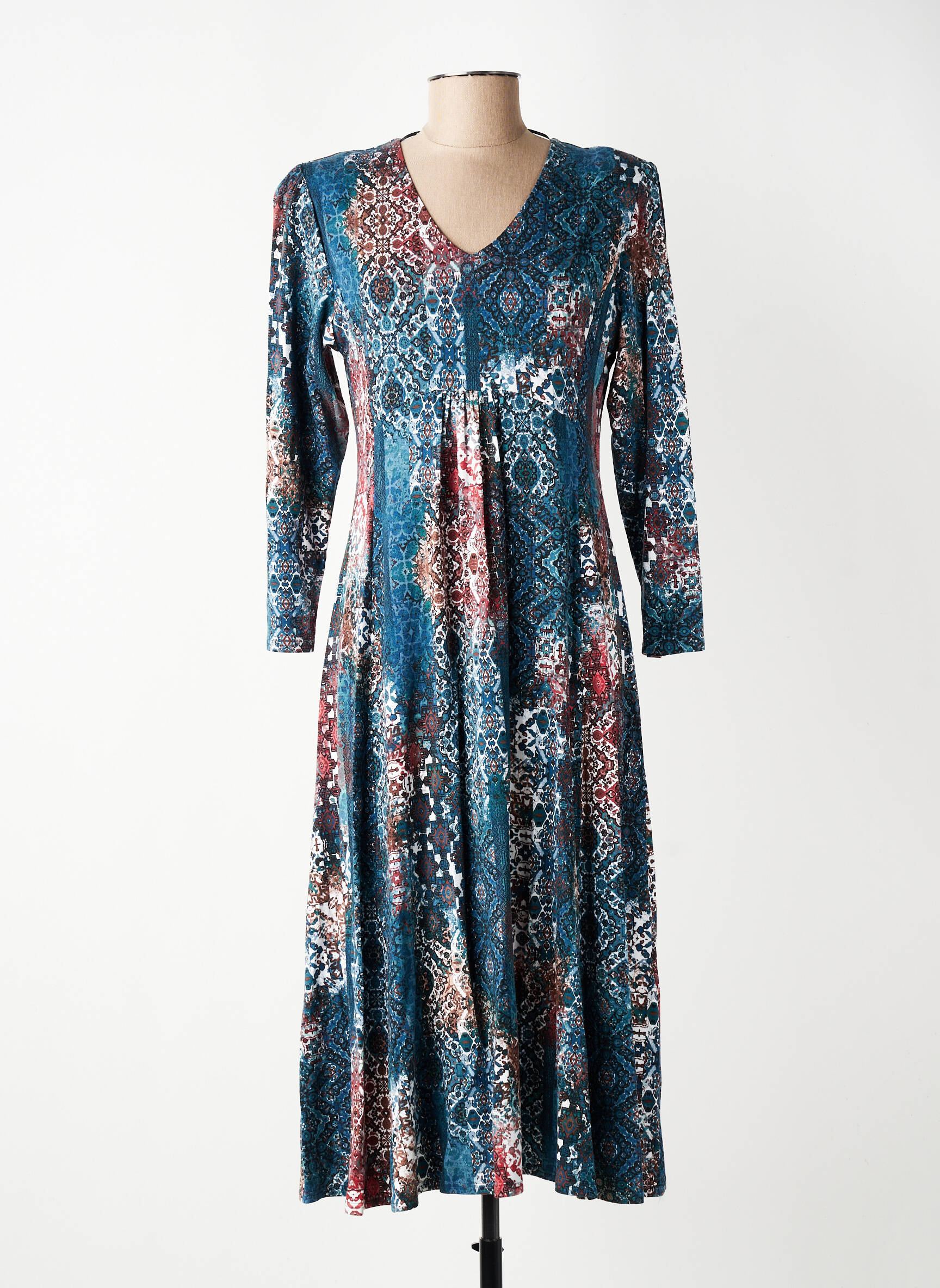Robe mi-longue imprimé fantaisie manches longues bleu GEVANA femme