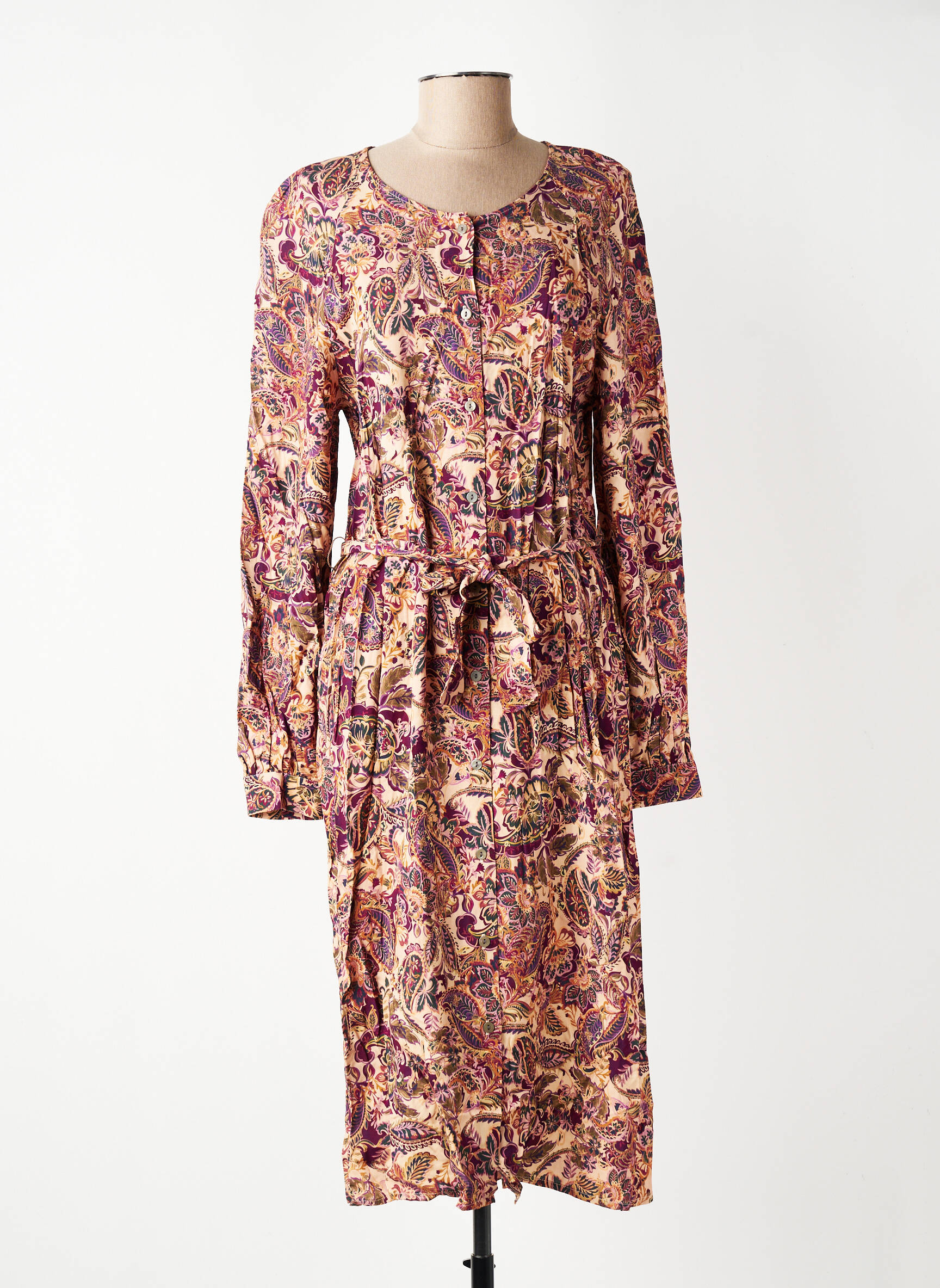 Robe mi-longue imprimé fleurs manches longues beige GEVANA femme