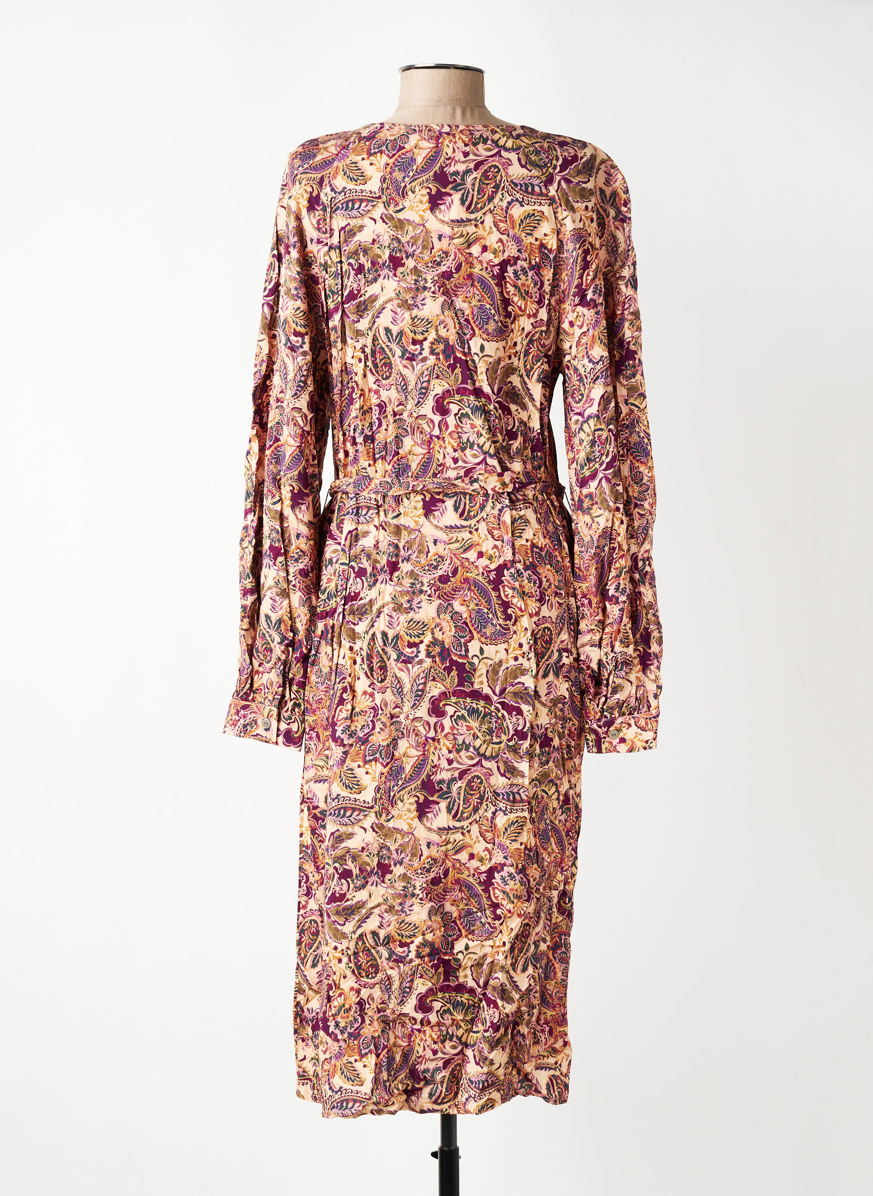 Robe mi-longue imprimé fleurs manches longues beige GEVANA femme