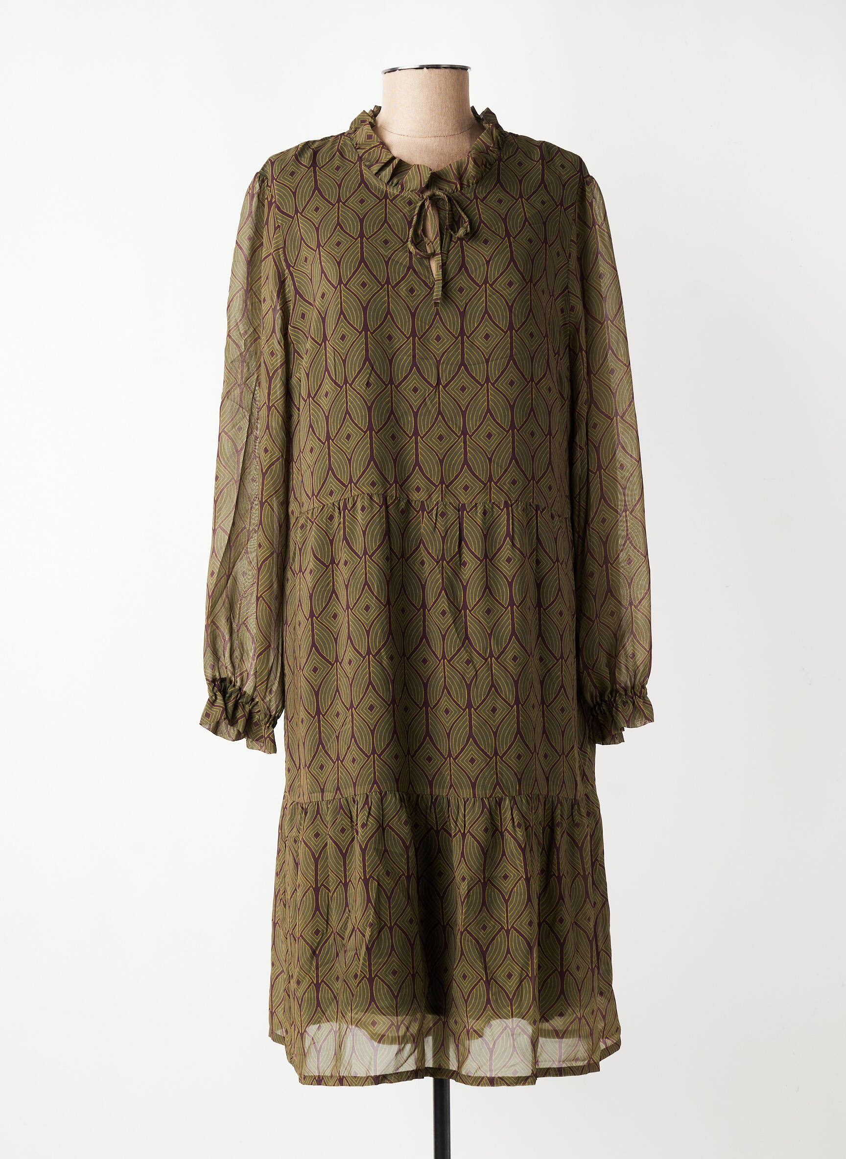 Robe mi-longue coupe fluide manches longues vert GEVANA femme