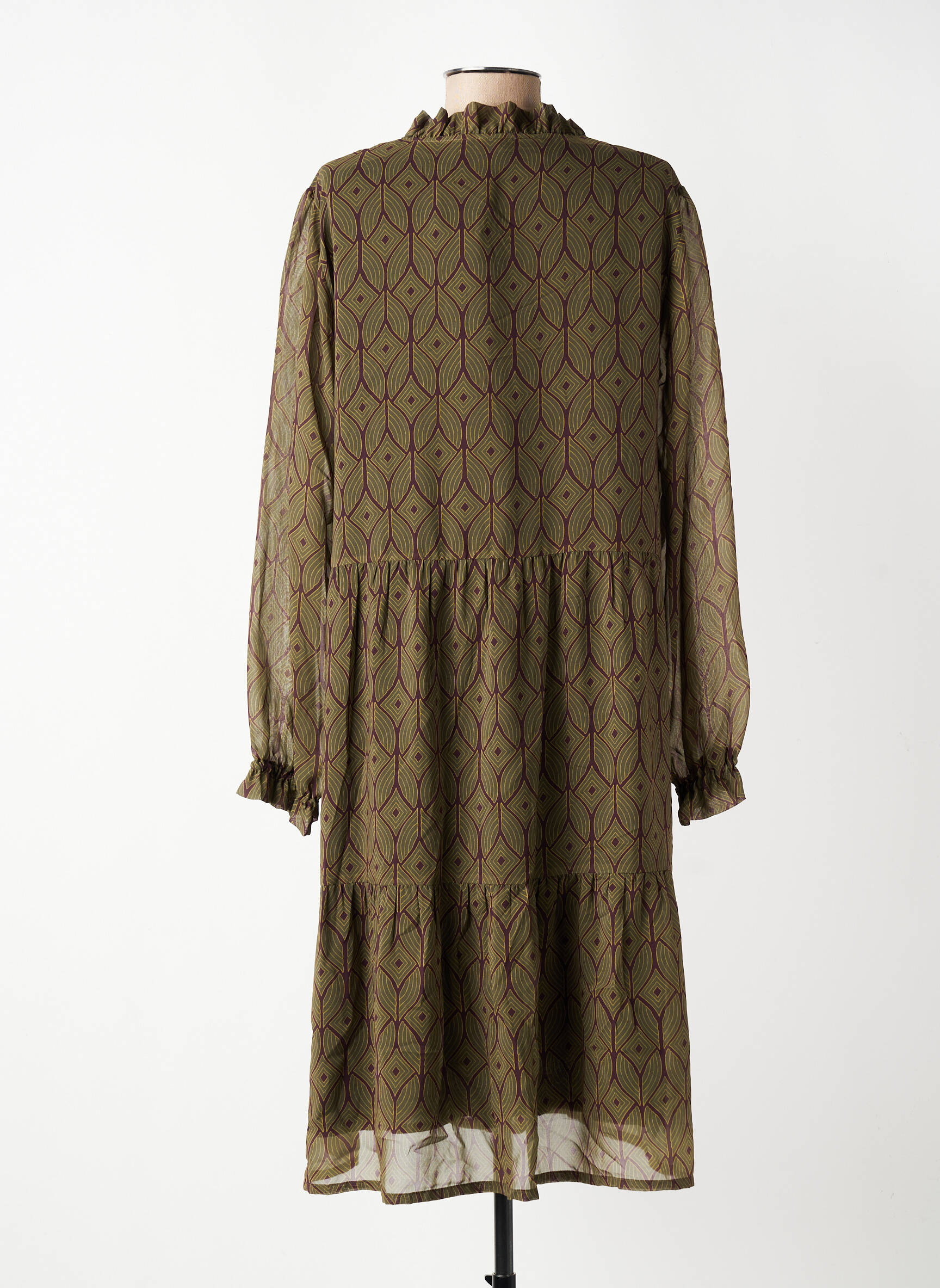 Robe mi-longue coupe fluide manches longues vert GEVANA femme