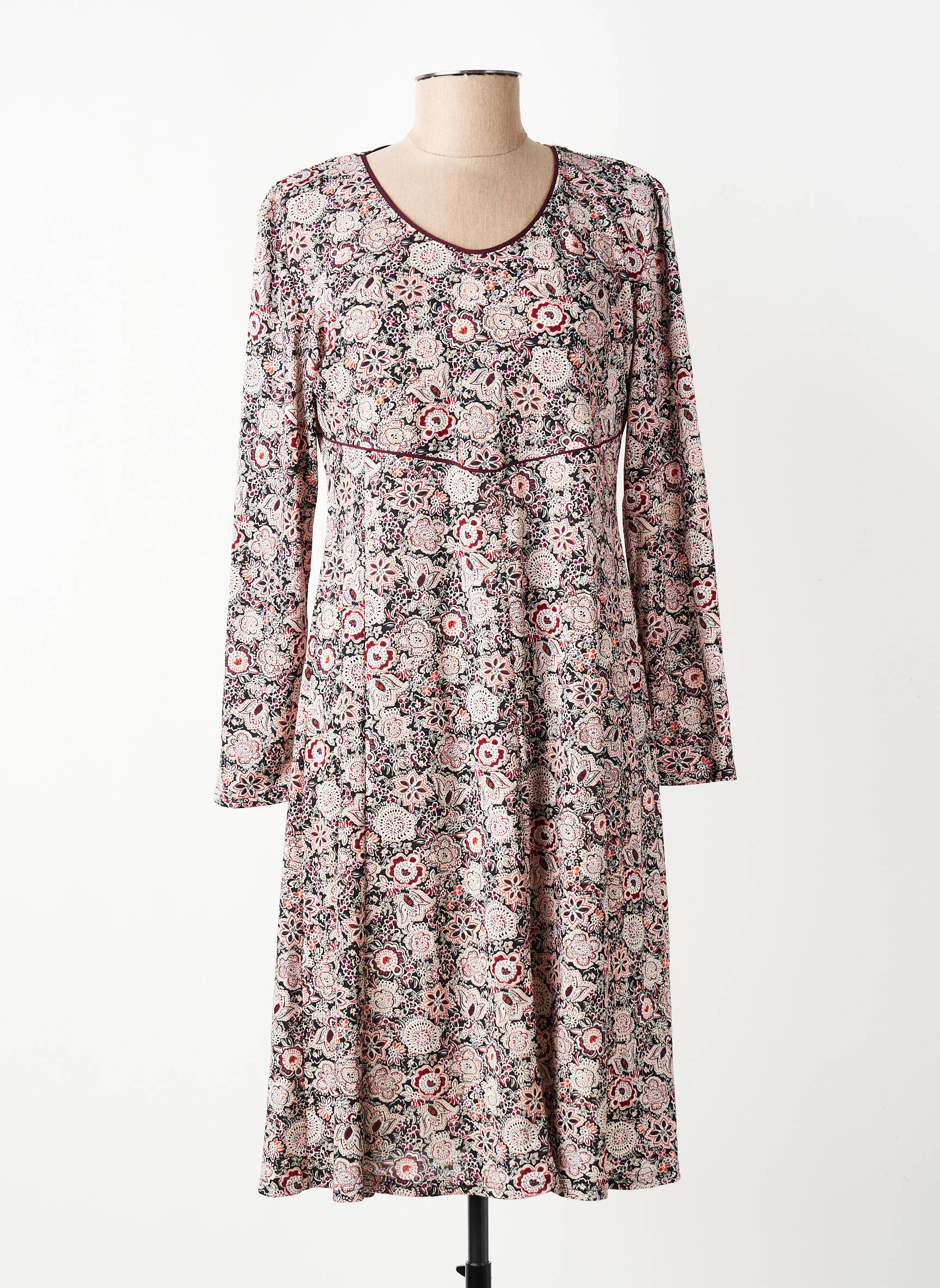 Robe mi-longue imprimé fleurs manches longues rouge GEVANA femme