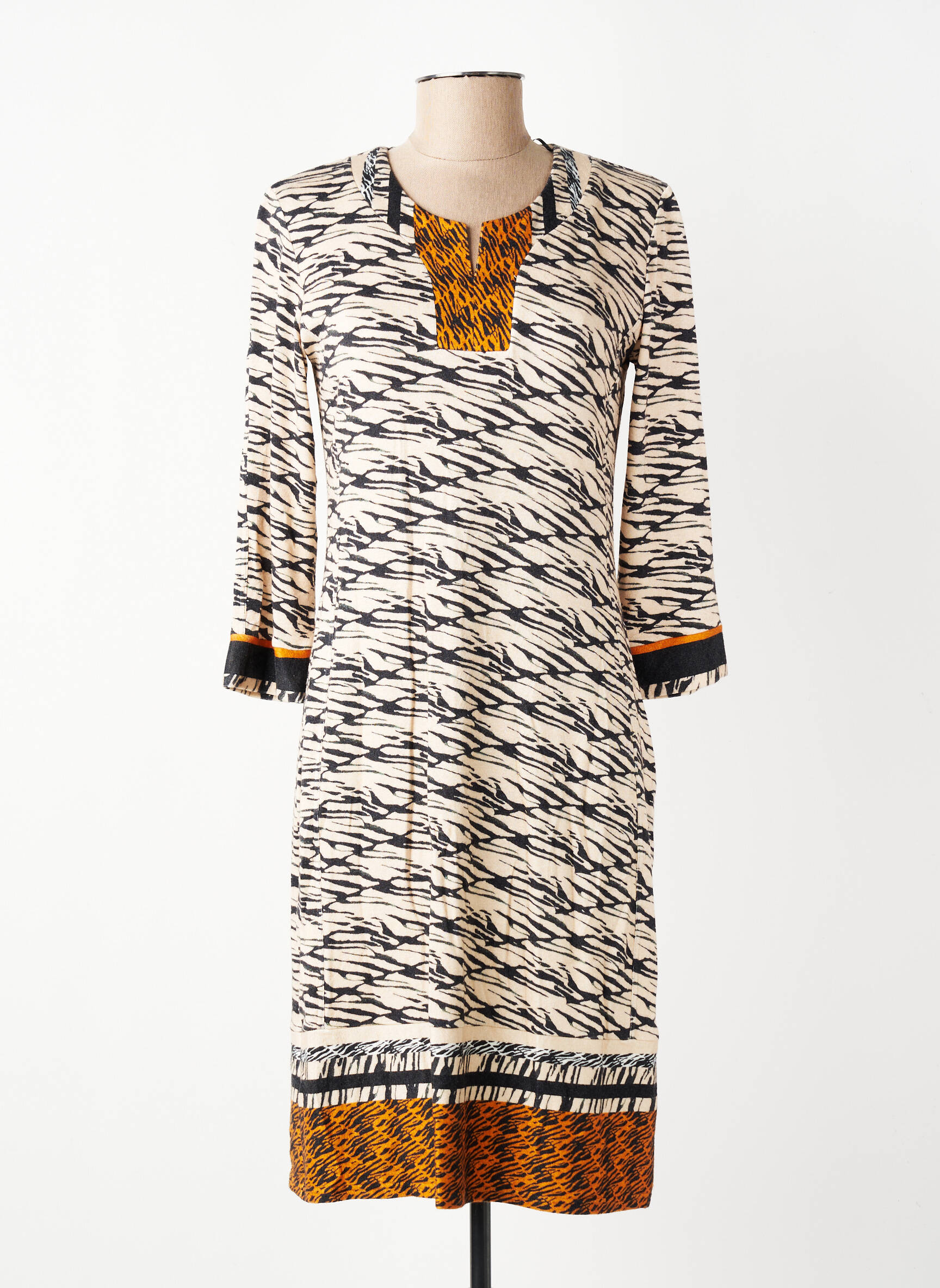 Robe mi-longue manches longues manches longues beige GEVANA femme