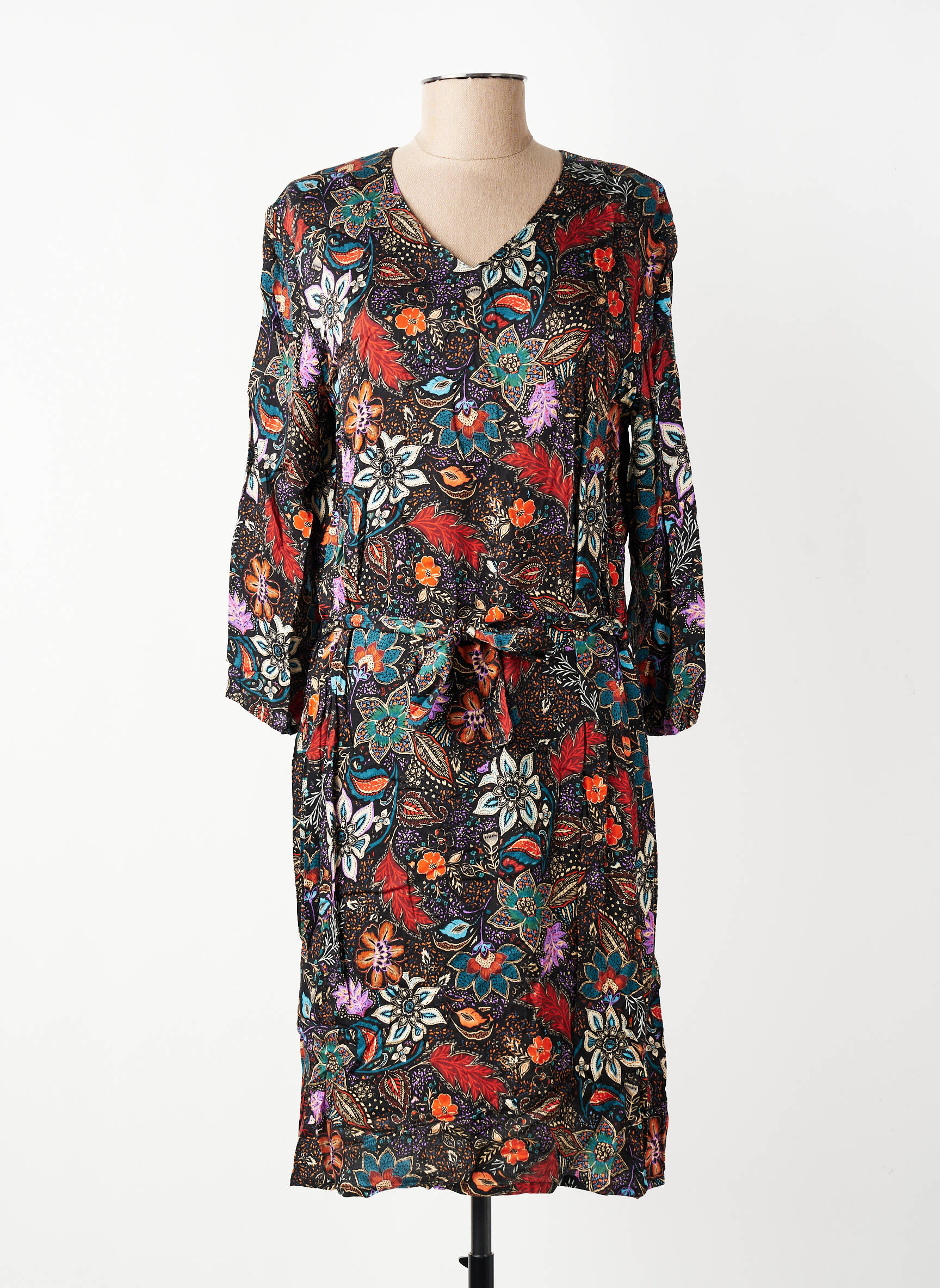 Robe mi-longue imprimé fleurs manches longues noir GEVANA femme