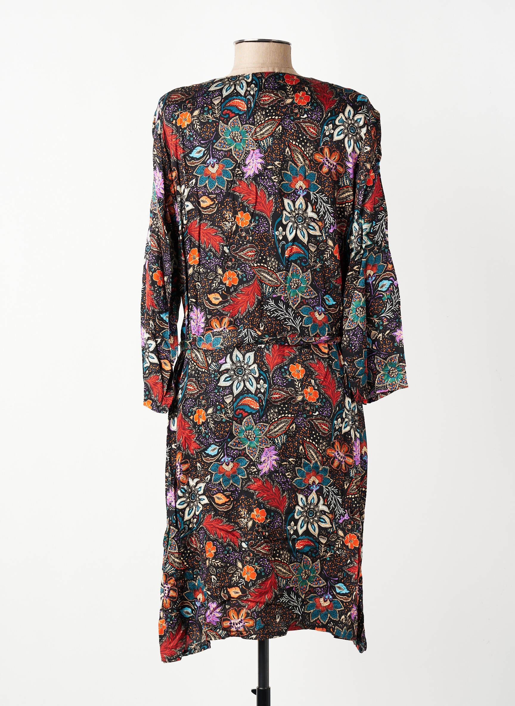 Robe mi-longue imprimé fleurs manches longues noir GEVANA femme