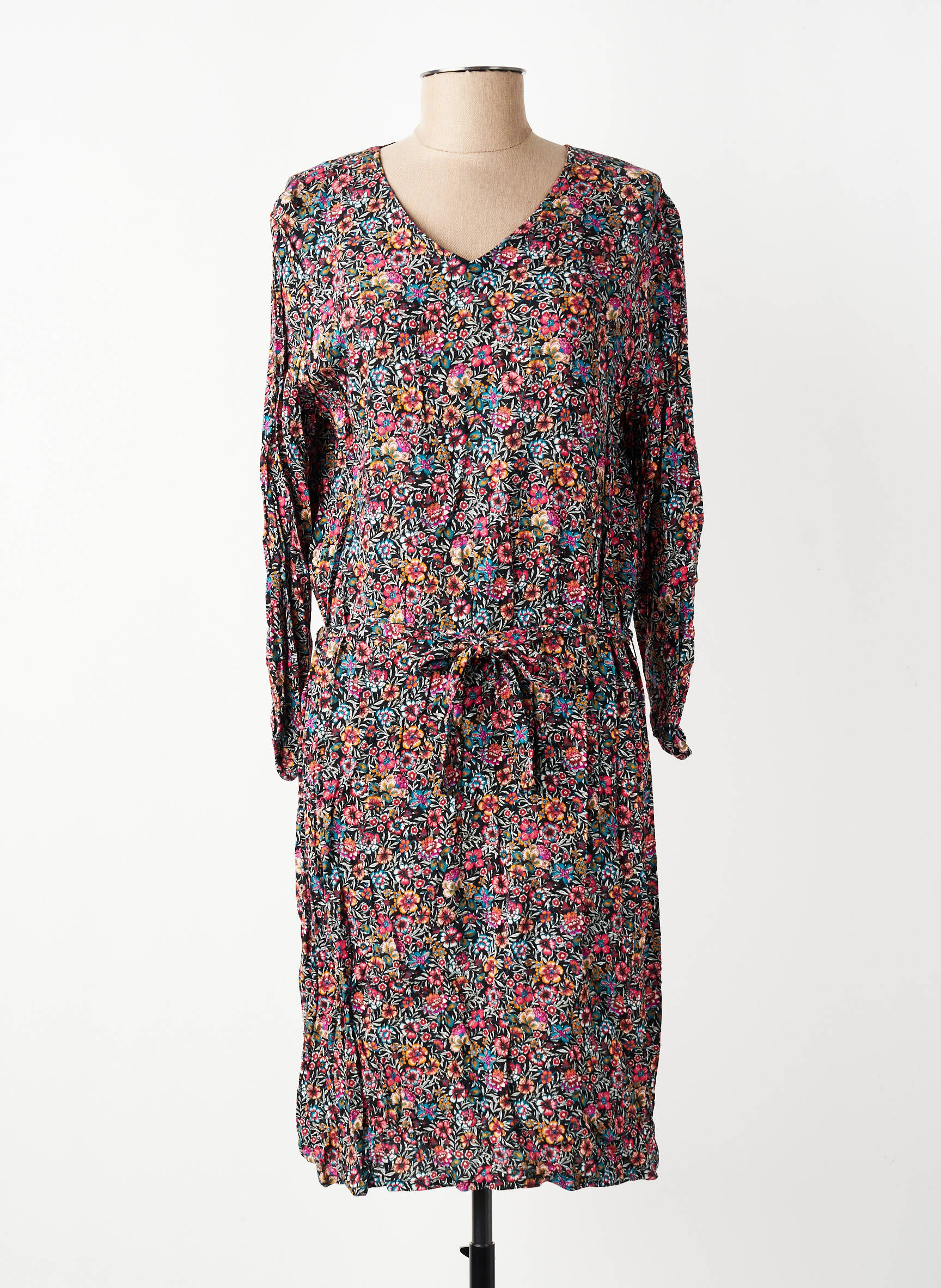 Robe mi-longue imprimé fleurs manches longues noir GEVANA femme