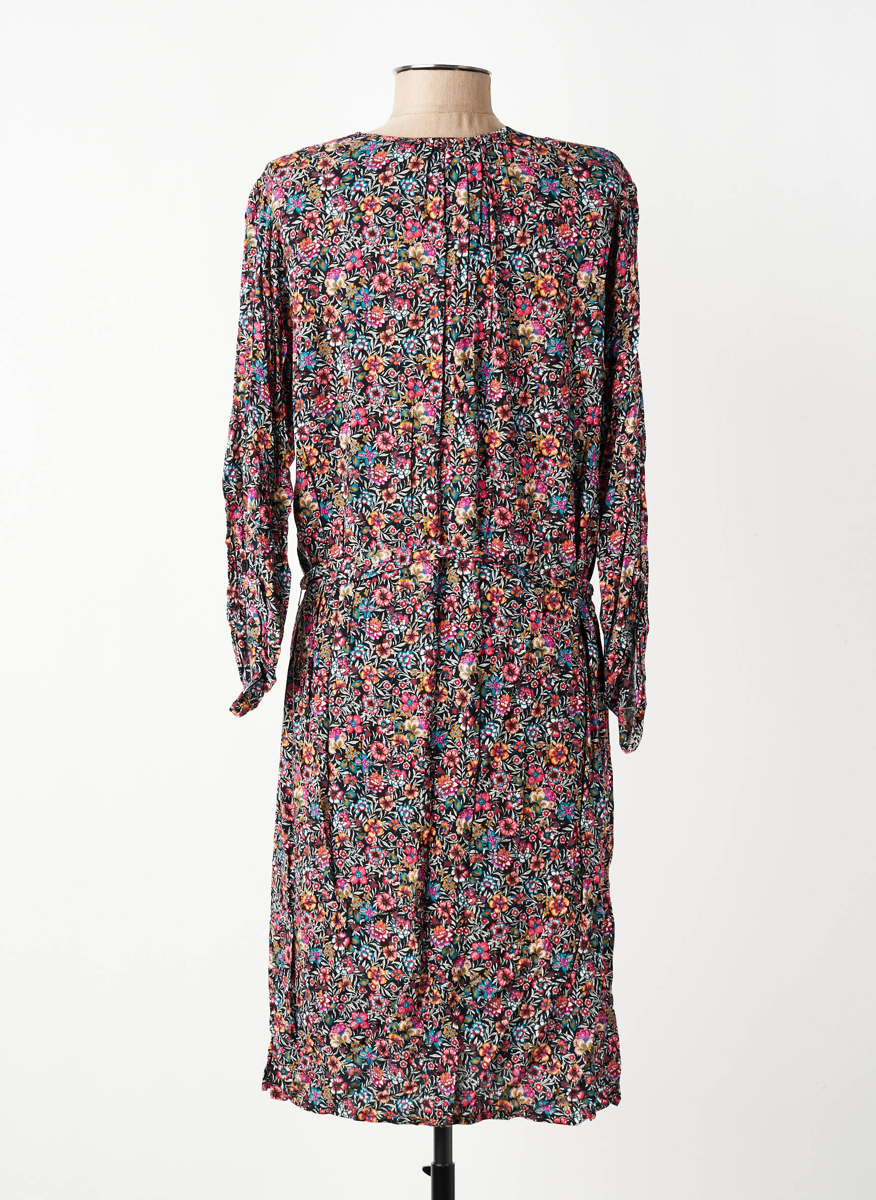 Robe mi-longue imprimé fleurs manches longues noir GEVANA femme