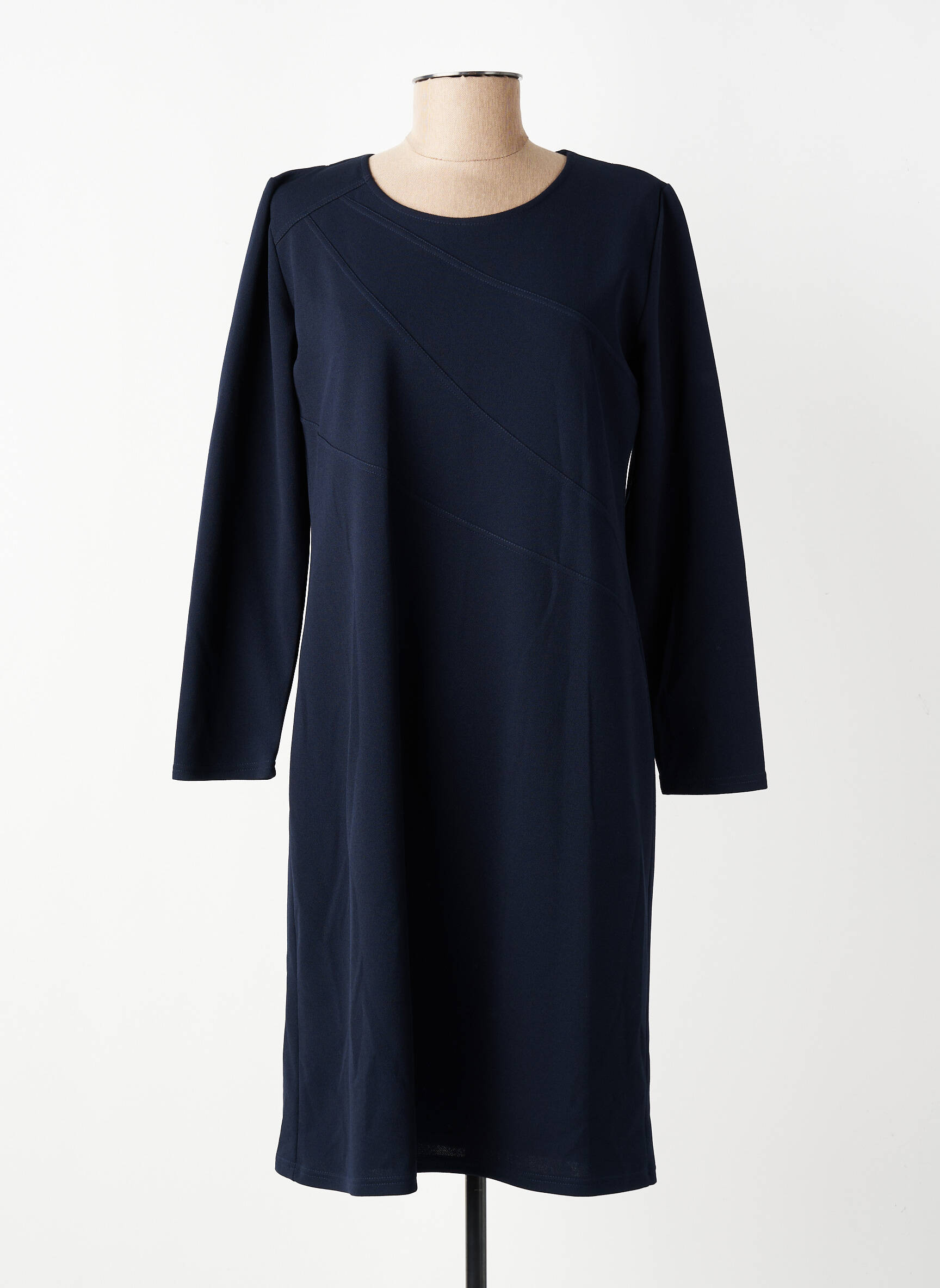 Robe mi-longue tissage crêpe manches longues bleu GEVANA femme