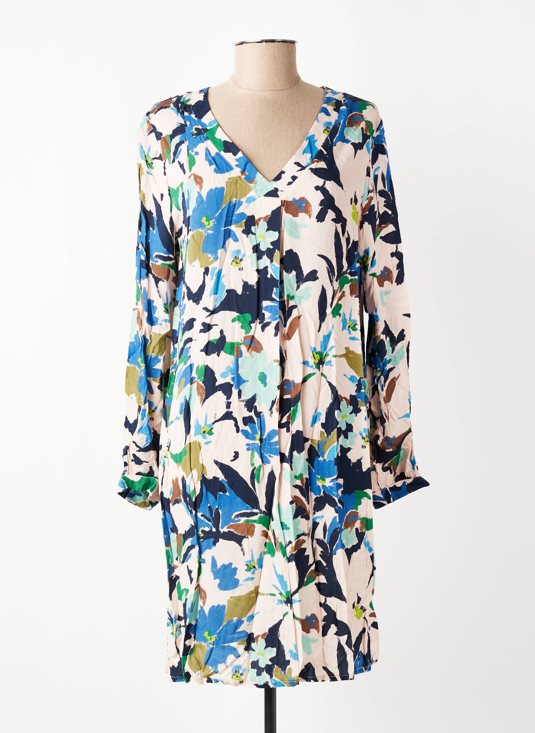 Robe mi-longue imprimé fleurs manches longues bleu GEVANA femme
