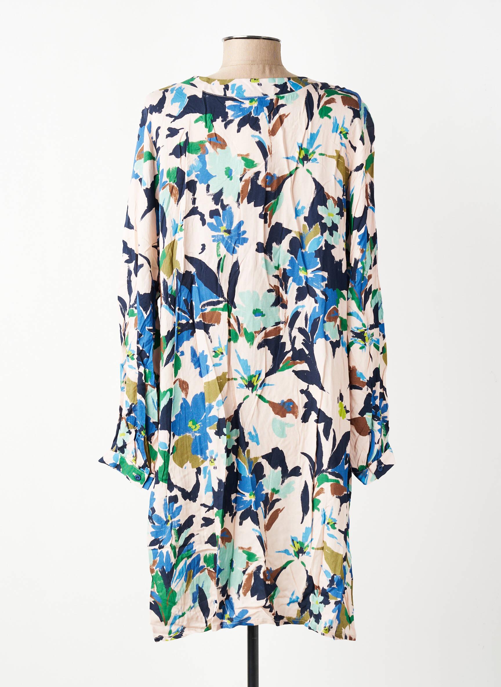 Robe mi-longue imprimé fleurs manches longues bleu GEVANA femme