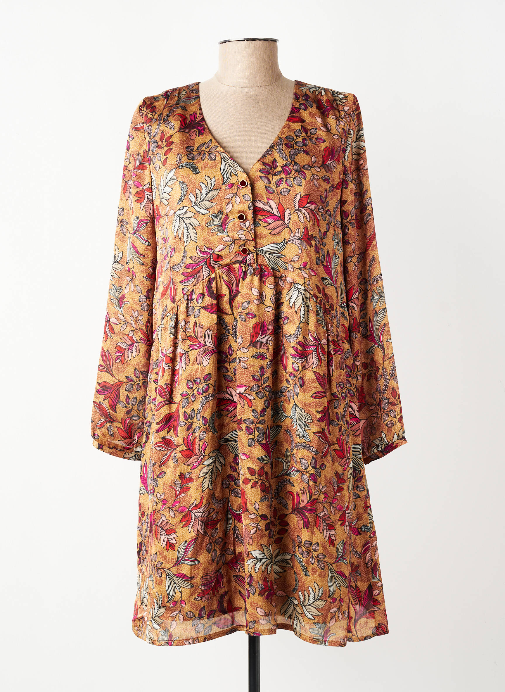 Robe mi-longue imprimé fleurs manches longues jaune GEVANA femme