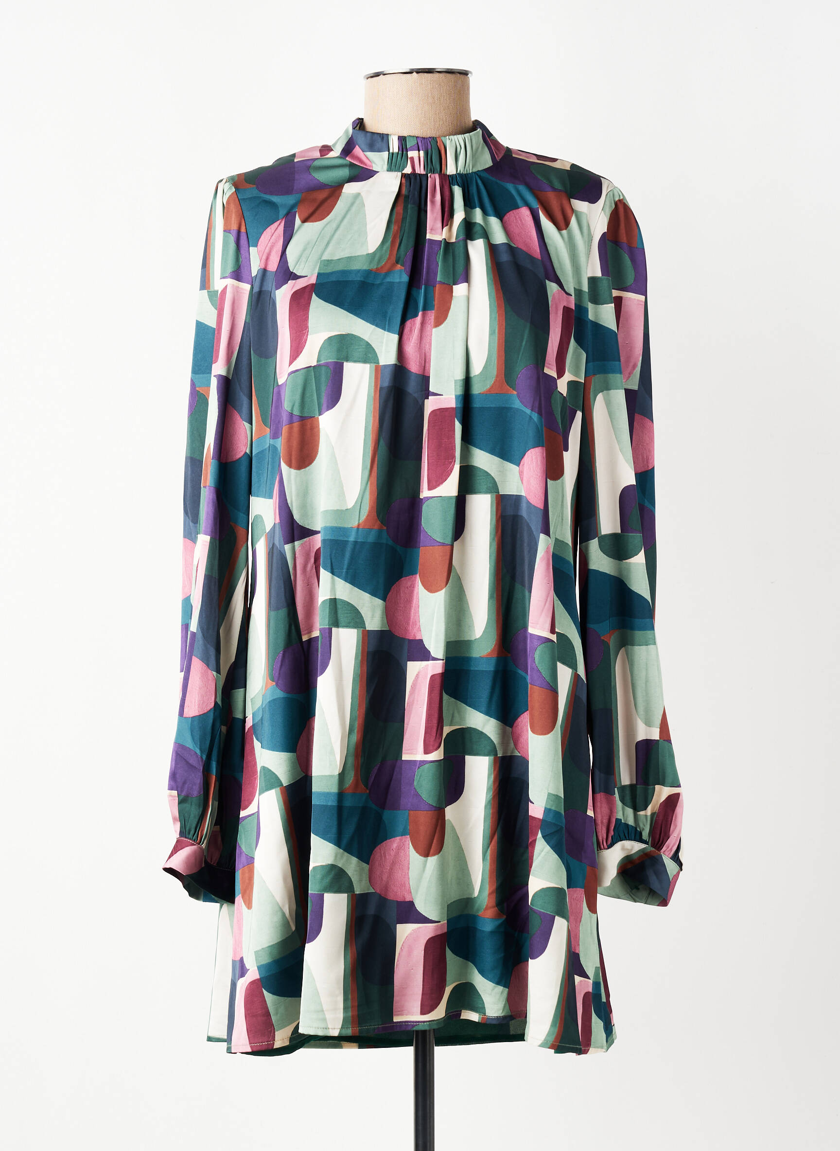 Robe courte coupe fluide manches longues vert GEVANA femme