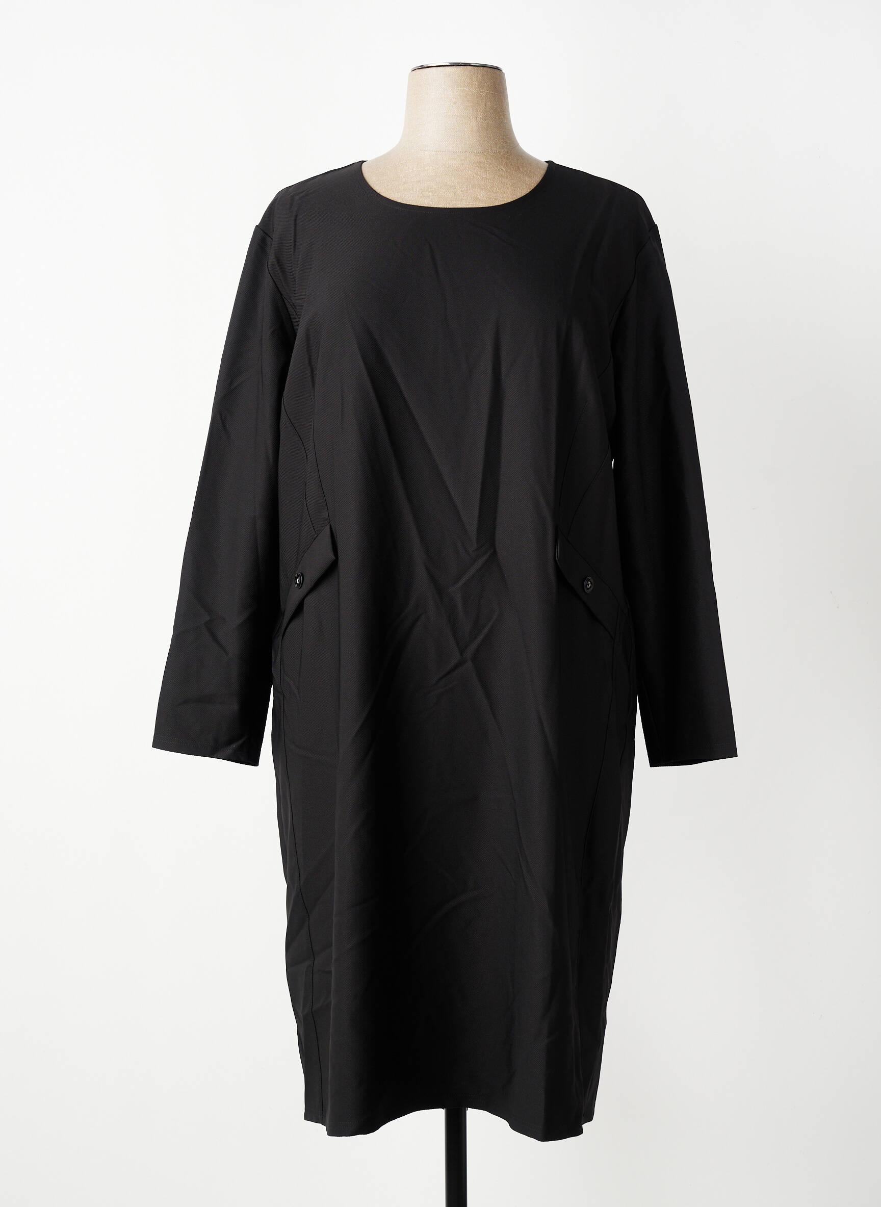 Robe mi-longue tissage crêpe manches longues noir GEVANA femme