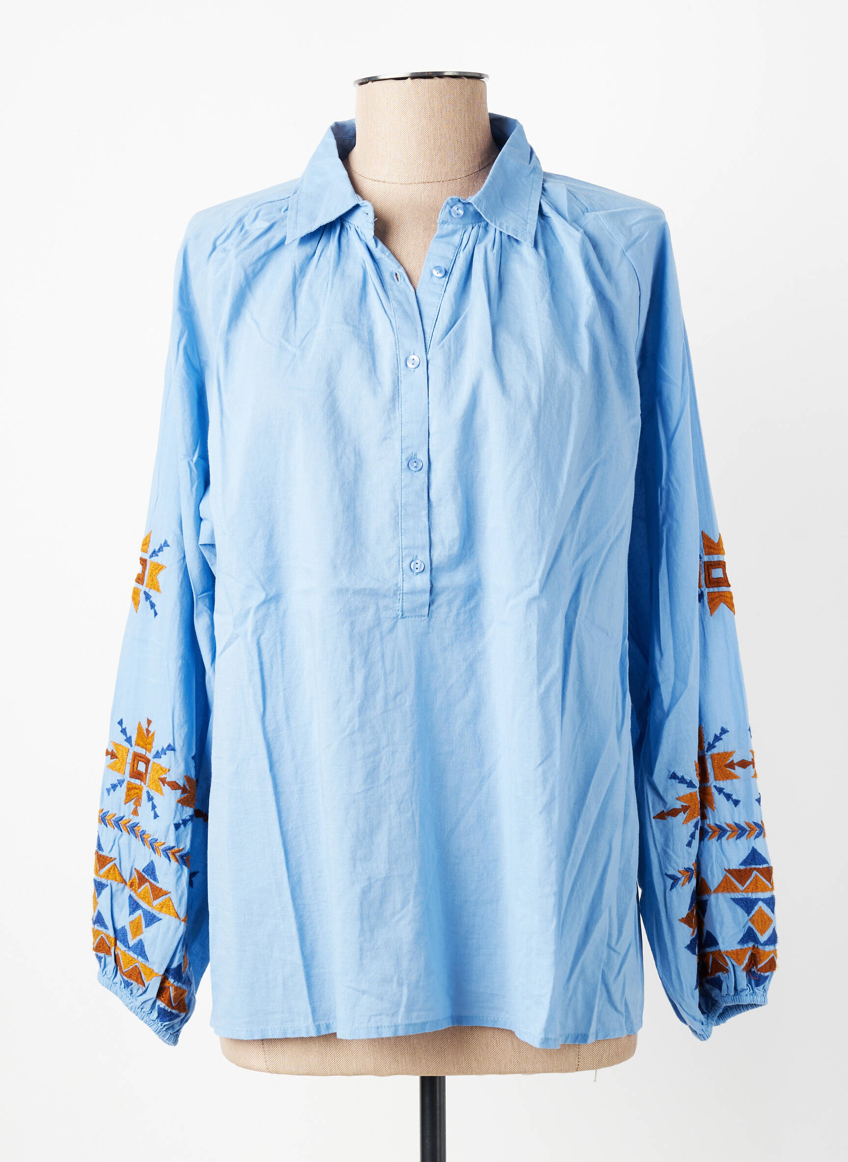 Blouse tissage popeline manches longues bleu HOD femme