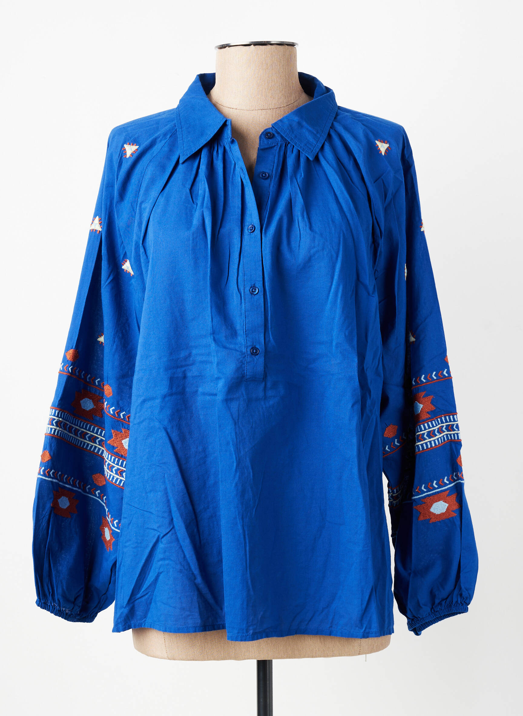 Blouse tissage popeline manches longues bleu HOD femme