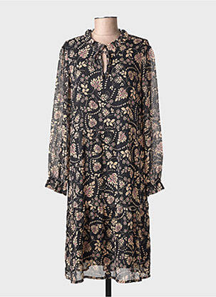 Robe mi-longue imprimé fantaisie manches longues noir GEVANA femme
