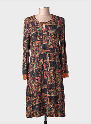 Robe mi-longue imprimé fantaisie manches longues orange GEVANA femme