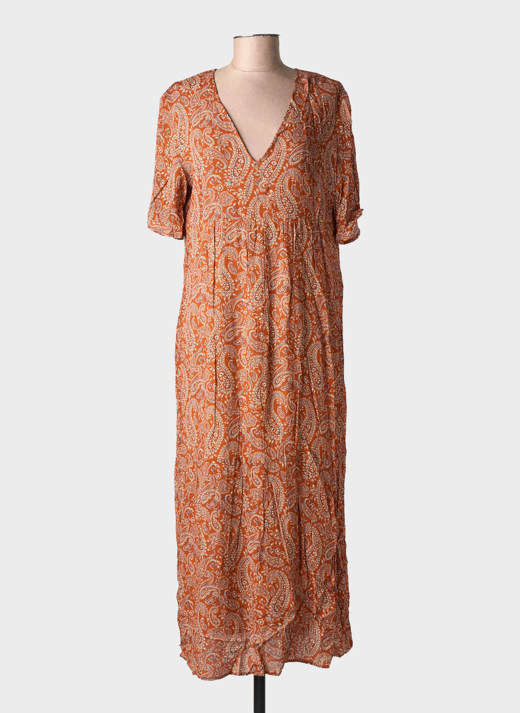 Robe longue imprimé fantaisie manches courtes marron GEVANA femme