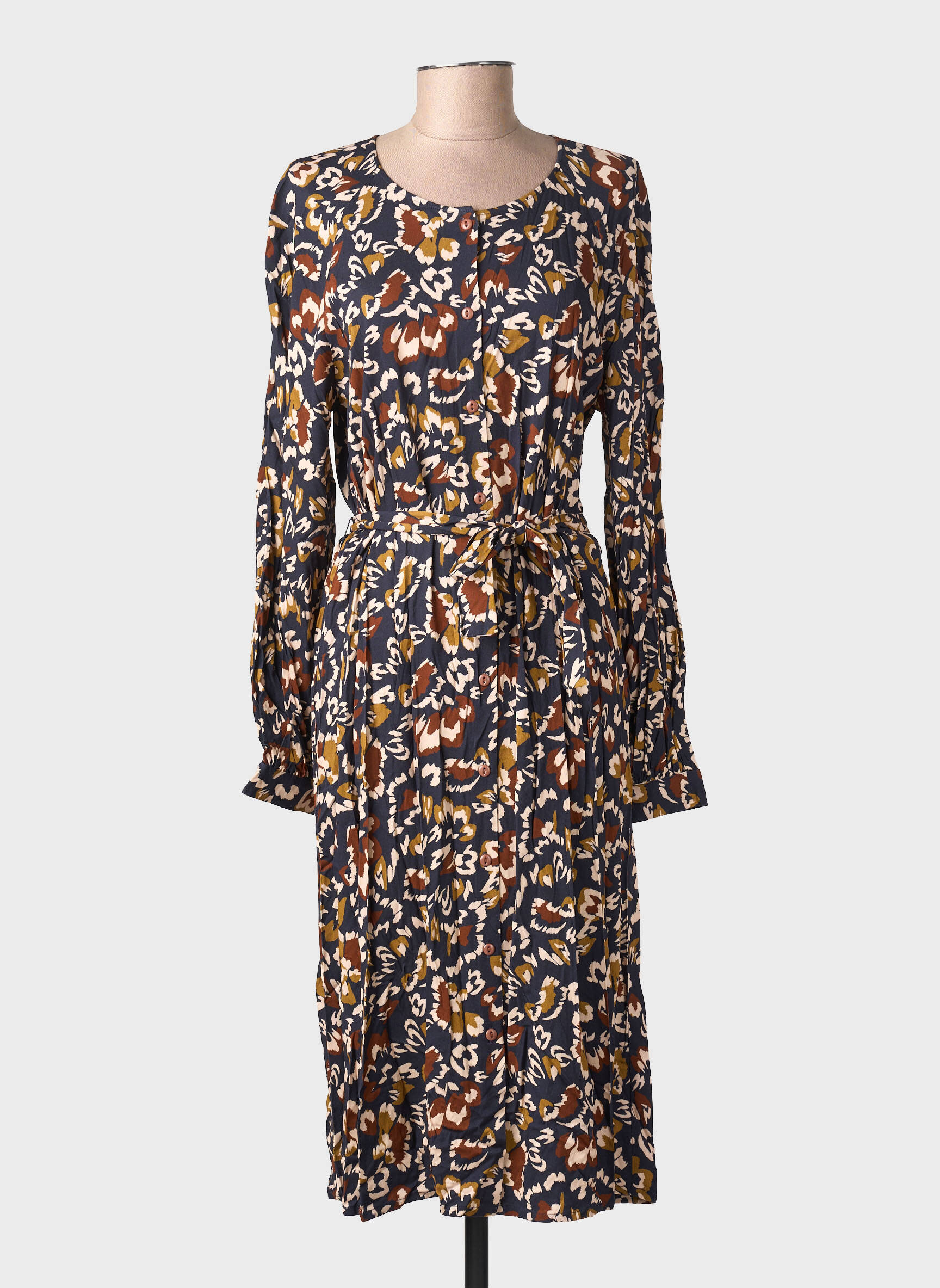 Robe mi-longue imprimé fantaisie manches longues noir GEVANA femme