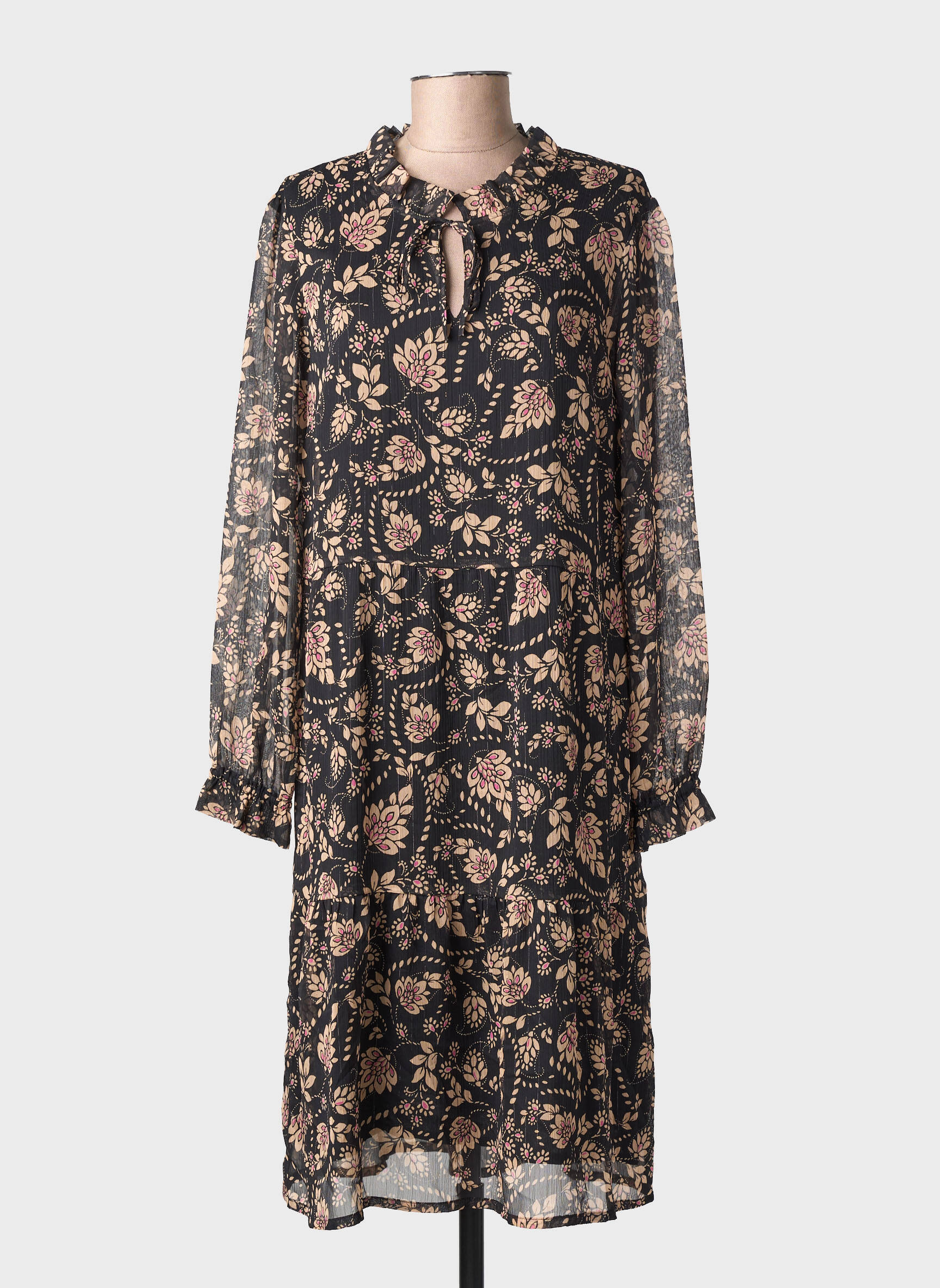 Robe mi-longue imprimé fantaisie manches longues noir GEVANA femme