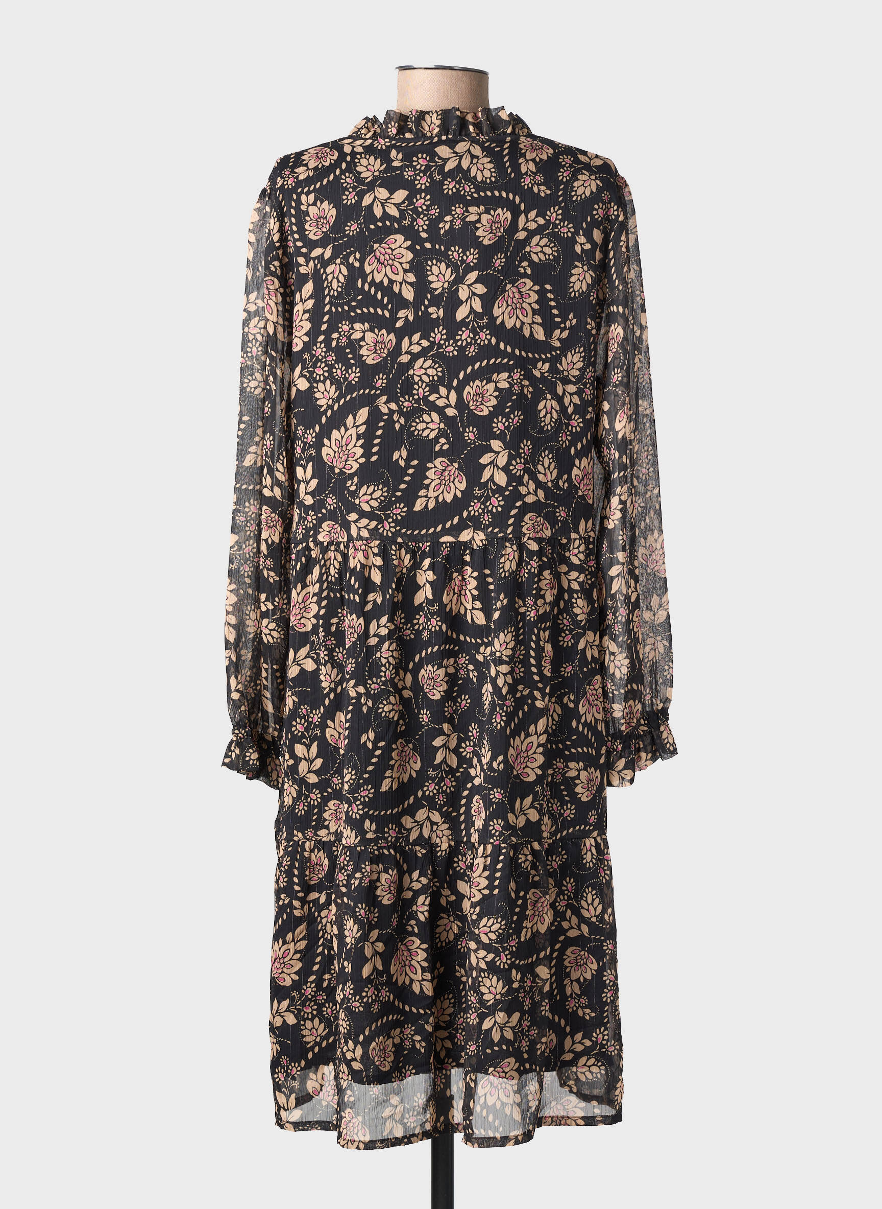 Robe mi-longue imprimé fantaisie manches longues noir GEVANA femme